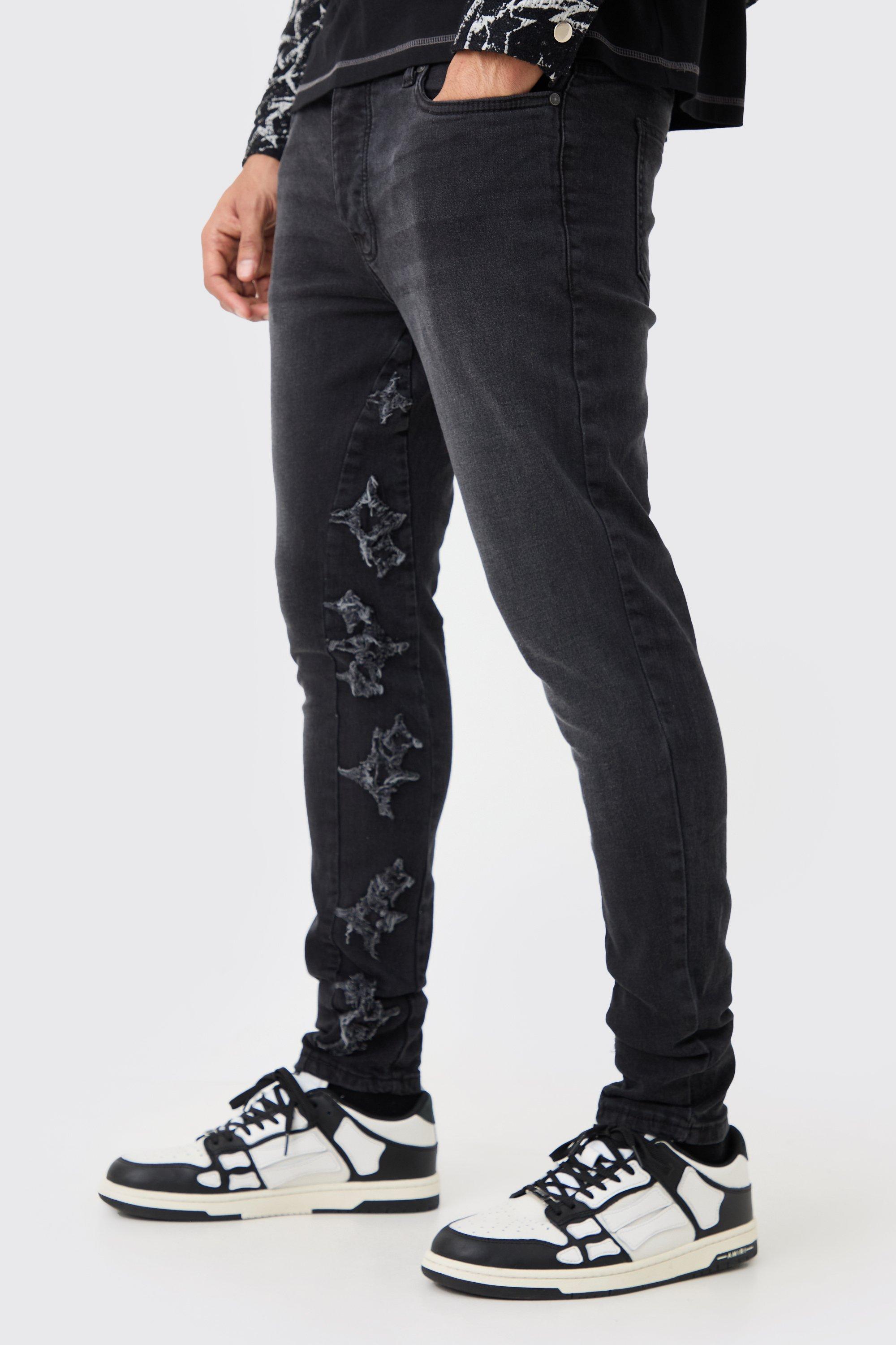 Image of Jeans Skinny Fit Stretch in nero slavato con applique e inserti, Nero