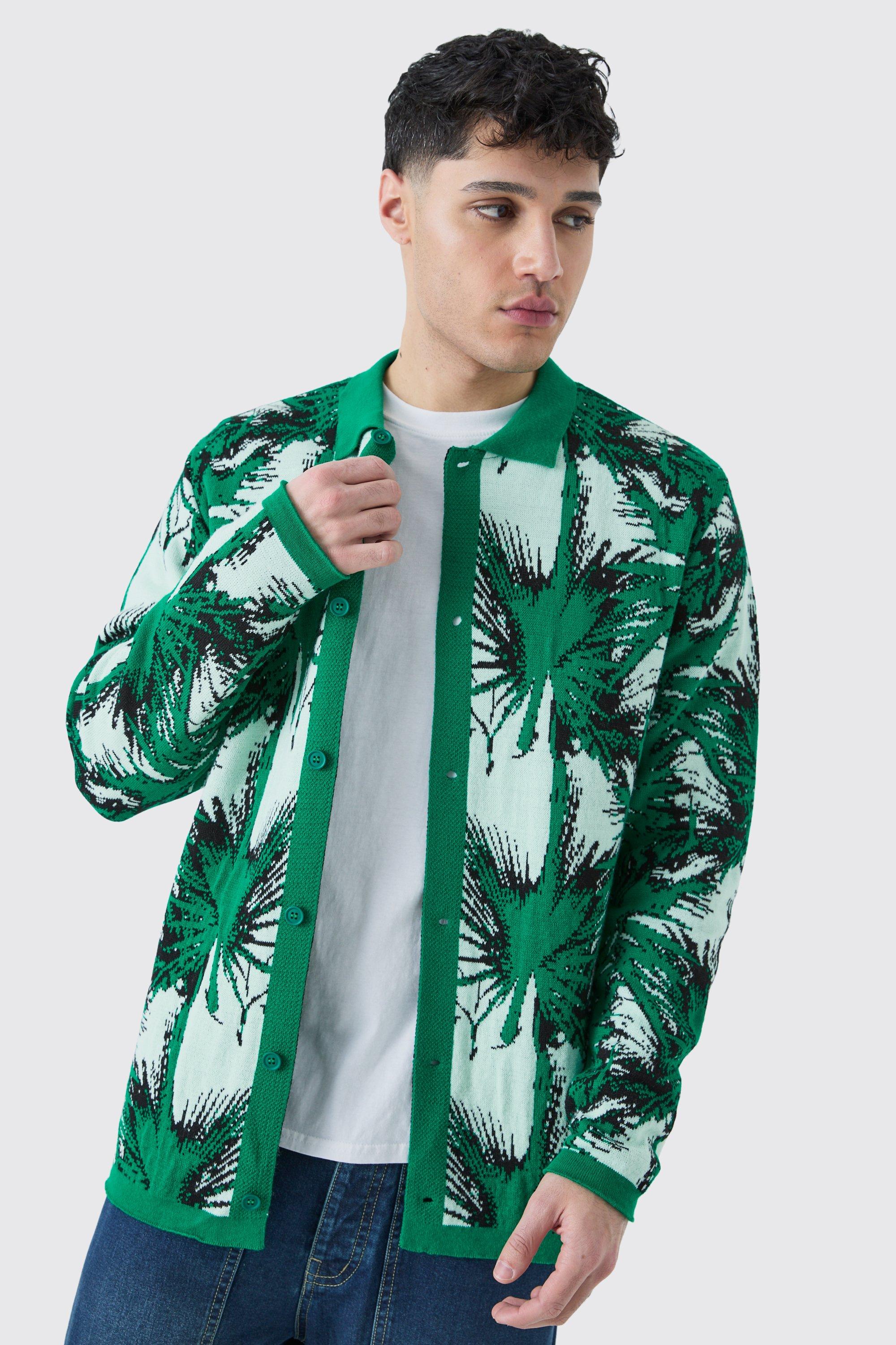 Image of Camicia a maniche lunghe in maglia verde acqua con motivi di palme, Verde