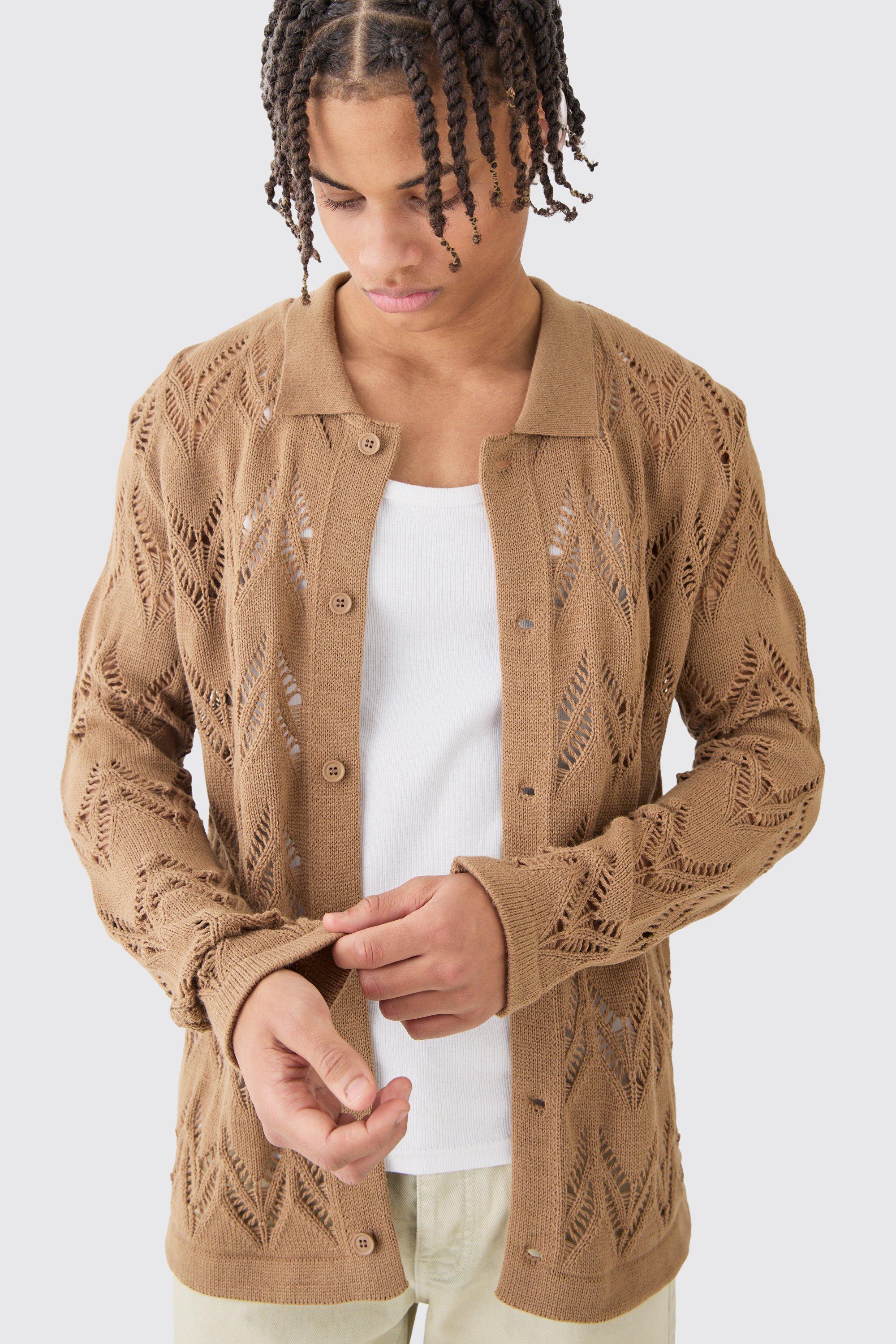 Image of Camicia a maniche lunghe in maglia aperta color cuoio, Brown