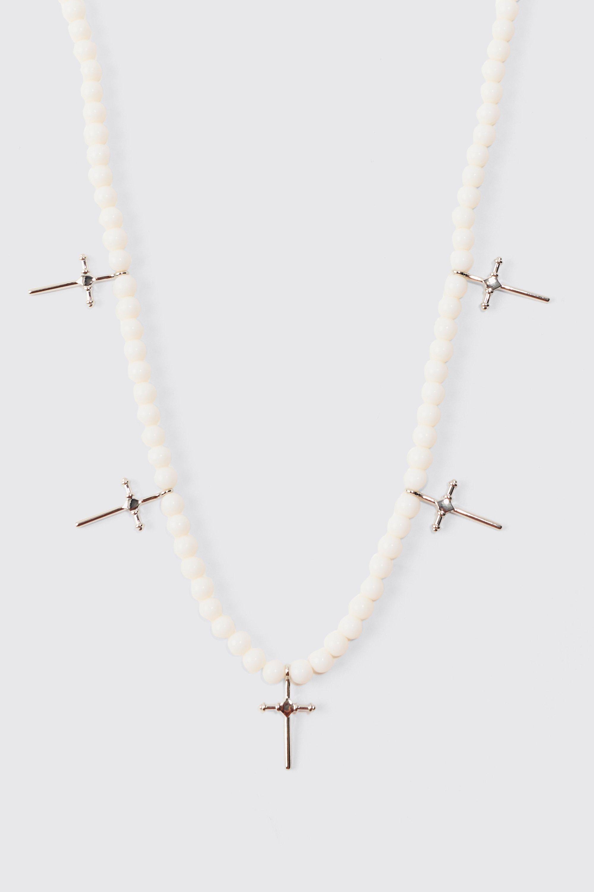 Image of Collana di perle bianche con pendente a croce, Bianco