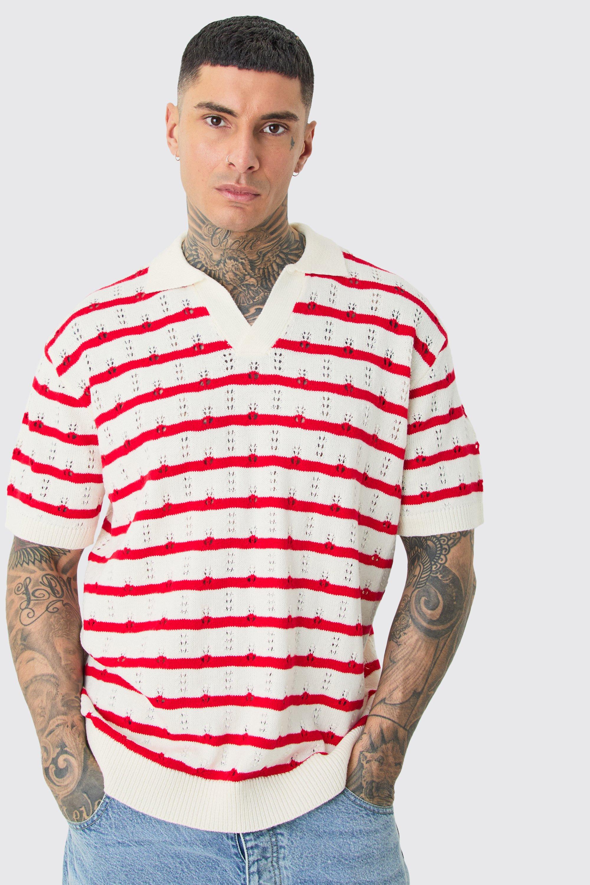Image of Tall Short Sleeve Oversized Crochet Knit Stripe Polo In Red, Rosso