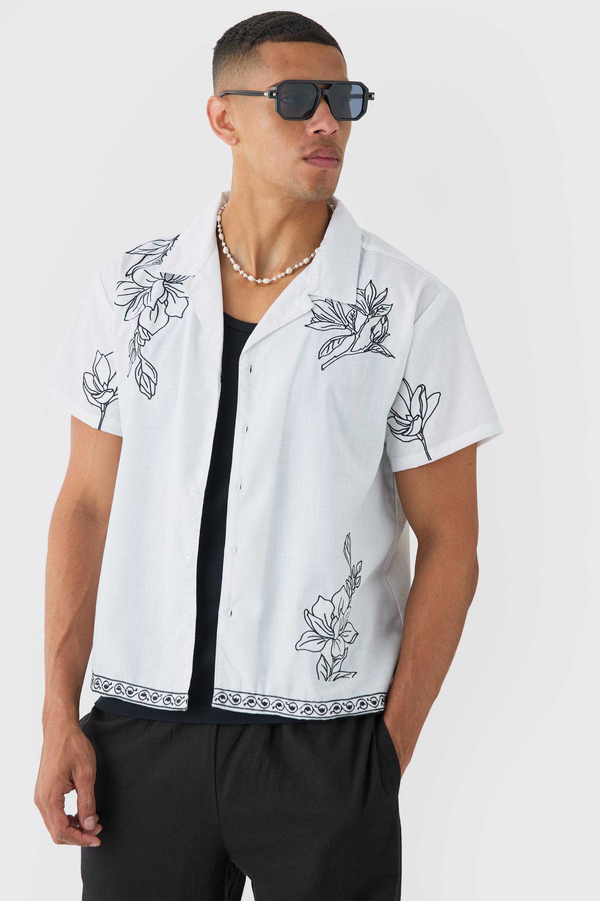 Image of Boxy Revere Floral Pocket Embroidery Shirt, Bianco