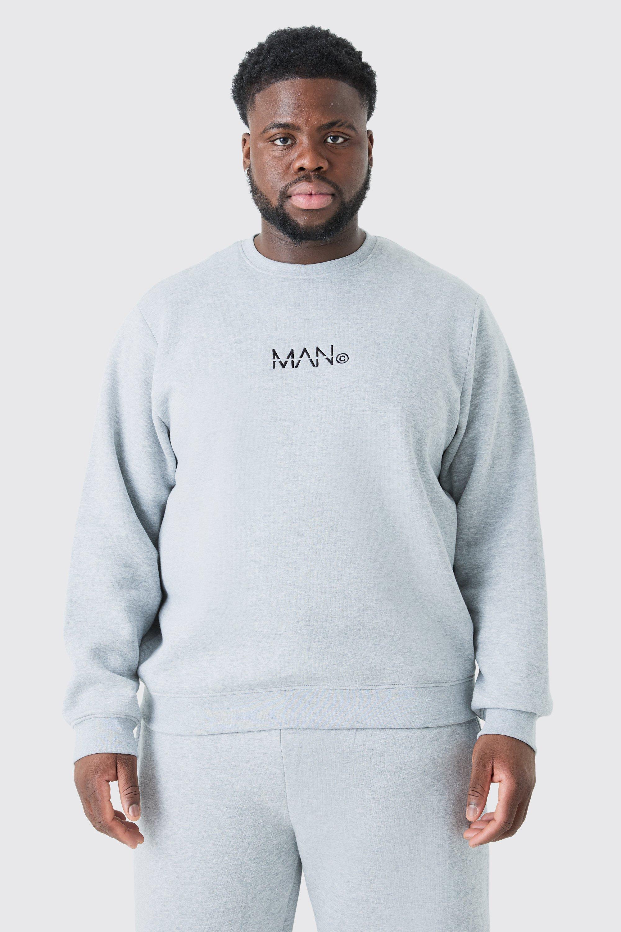 Mens Plus Man Dash Crew Neck Sweatshirt In Grey Marl, Grey