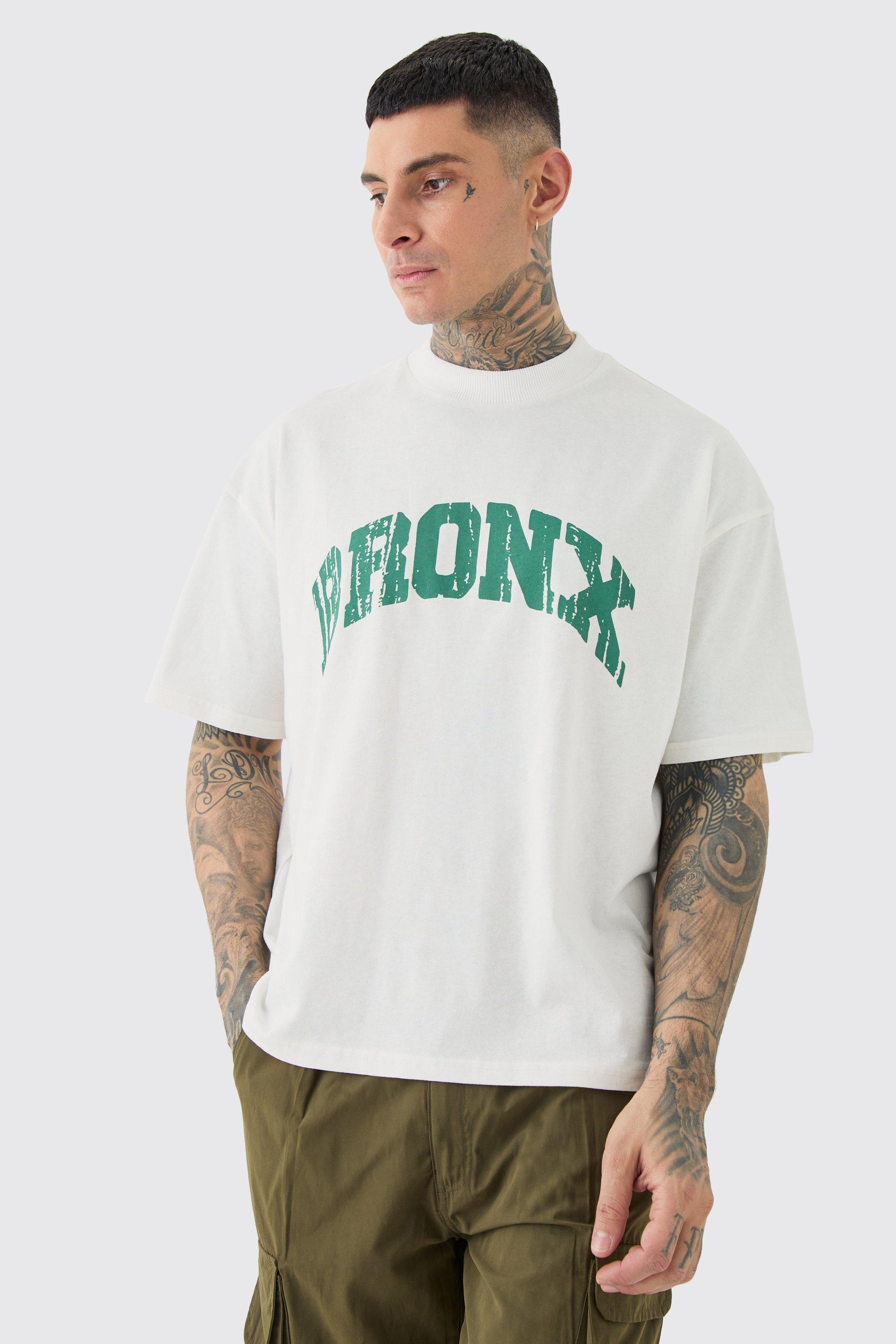 Mens Cream Tall Oversized Boxy Extended Neck Bronx T-shirt, Cream