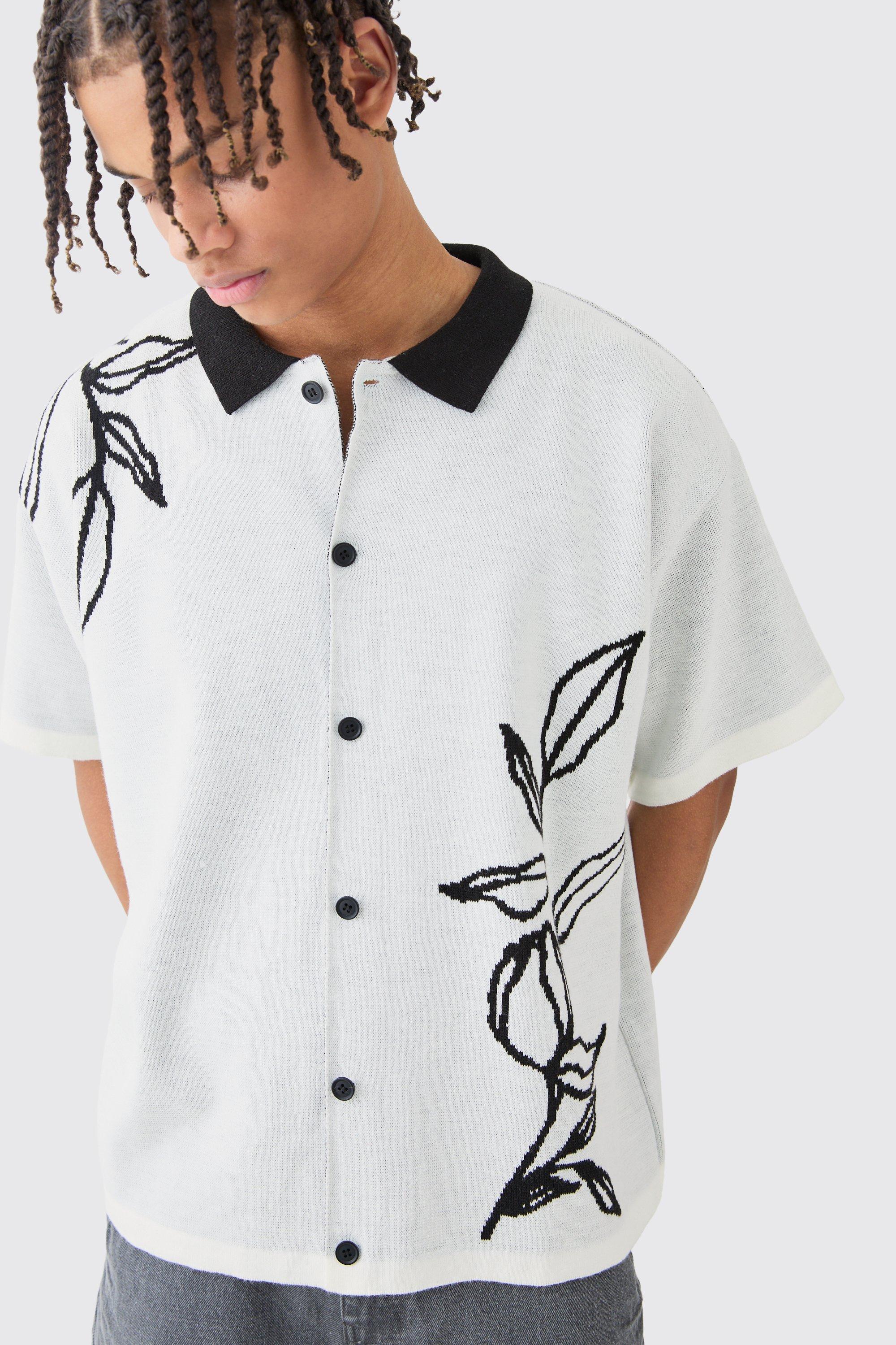 Mens Boxy Jacquard Knit Floral Detail Shirt In White, White