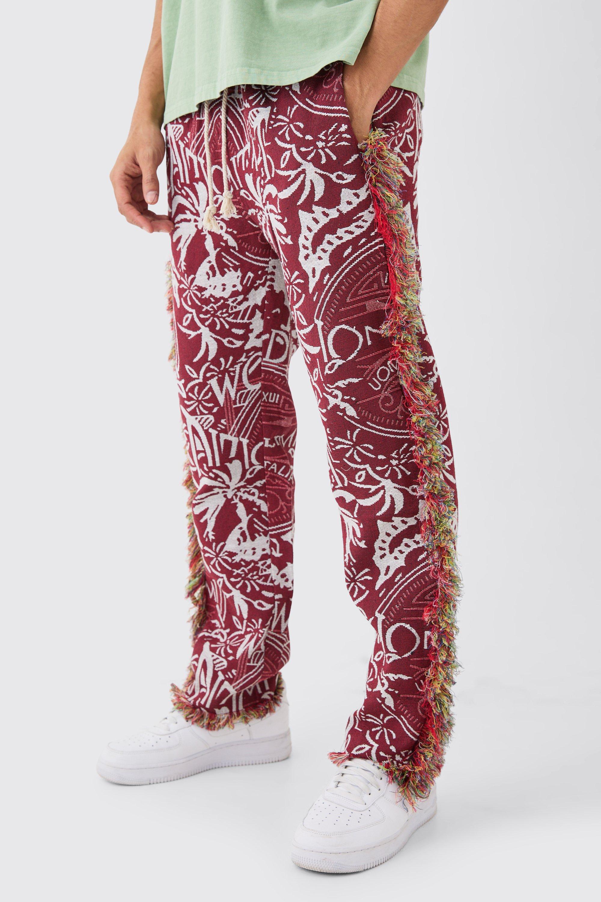 Image of Pantaloni dritti effetto arazzo sfilacciati in vita con vita elasticizzata, Rosso
