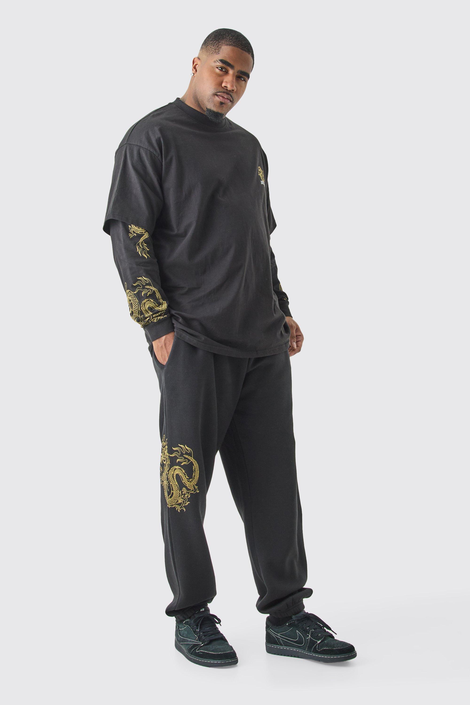 Image of Tuta sportiva Plus Size con T-shirt oversize con finto doppio livello e drago, Nero