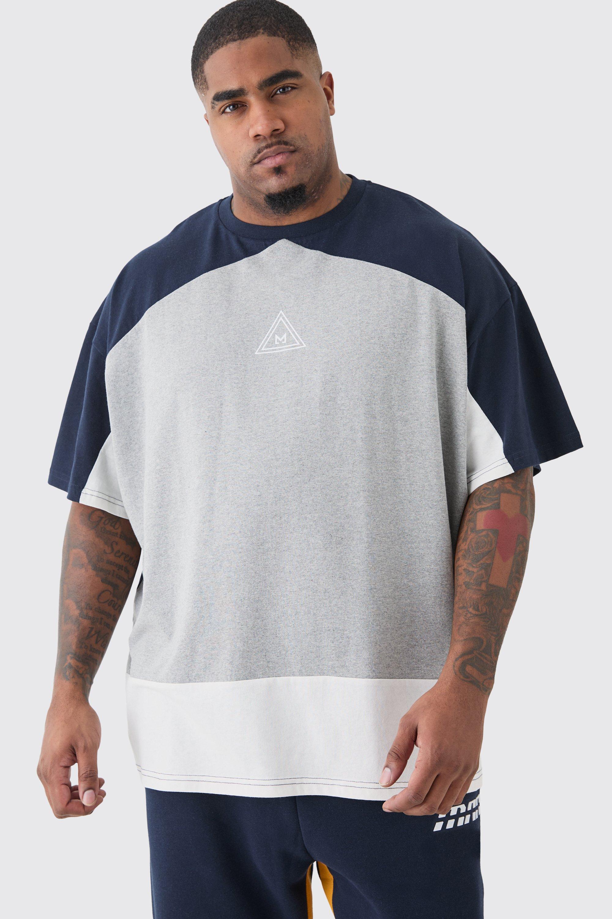 Image of T-shirt Plus Size oversize a blocchi di colore con logo e grigio mélange, Grigio