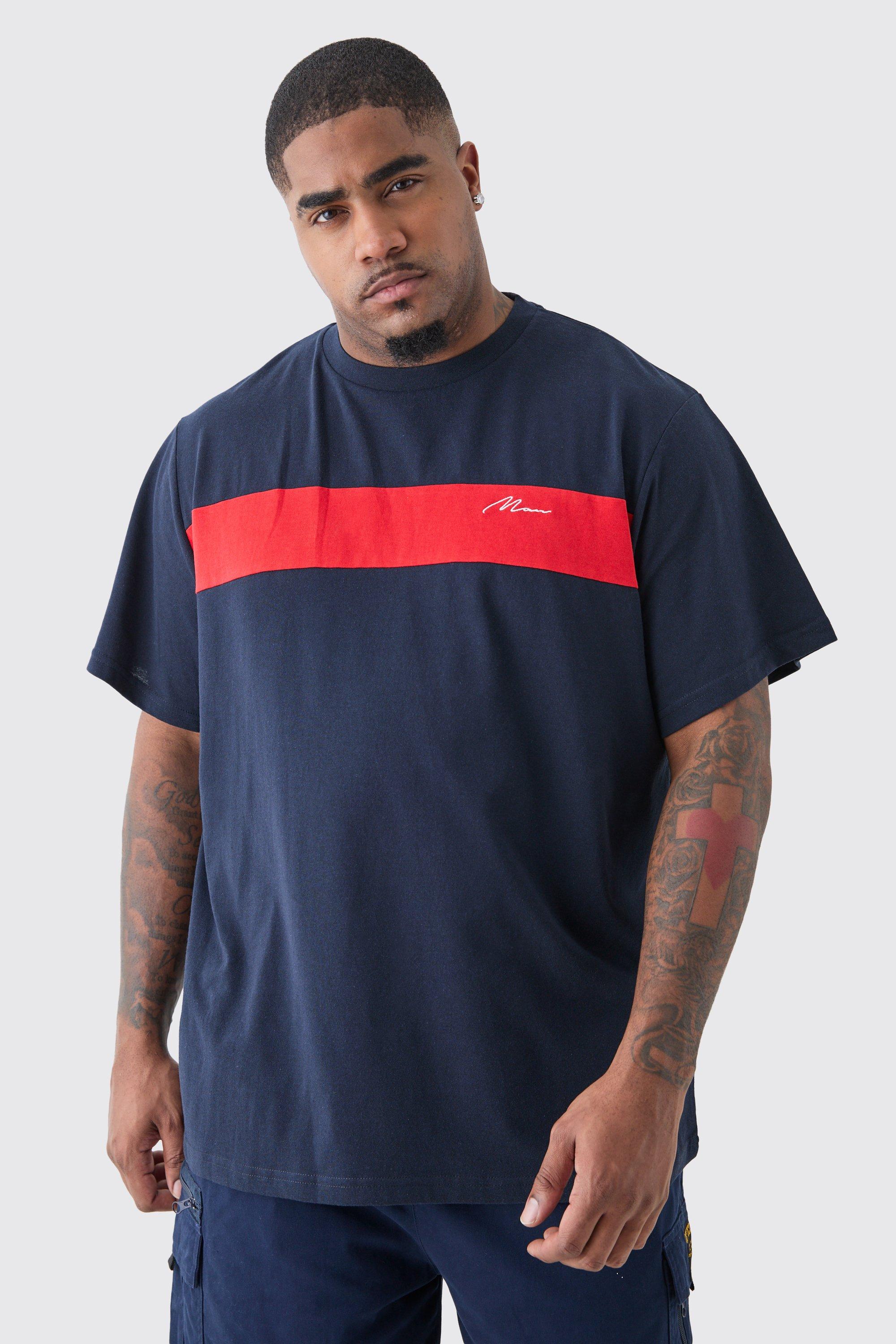 Image of T-shirt Plus Size Regular Fit a blocchi di colore con scritta Man blu navy, Navy