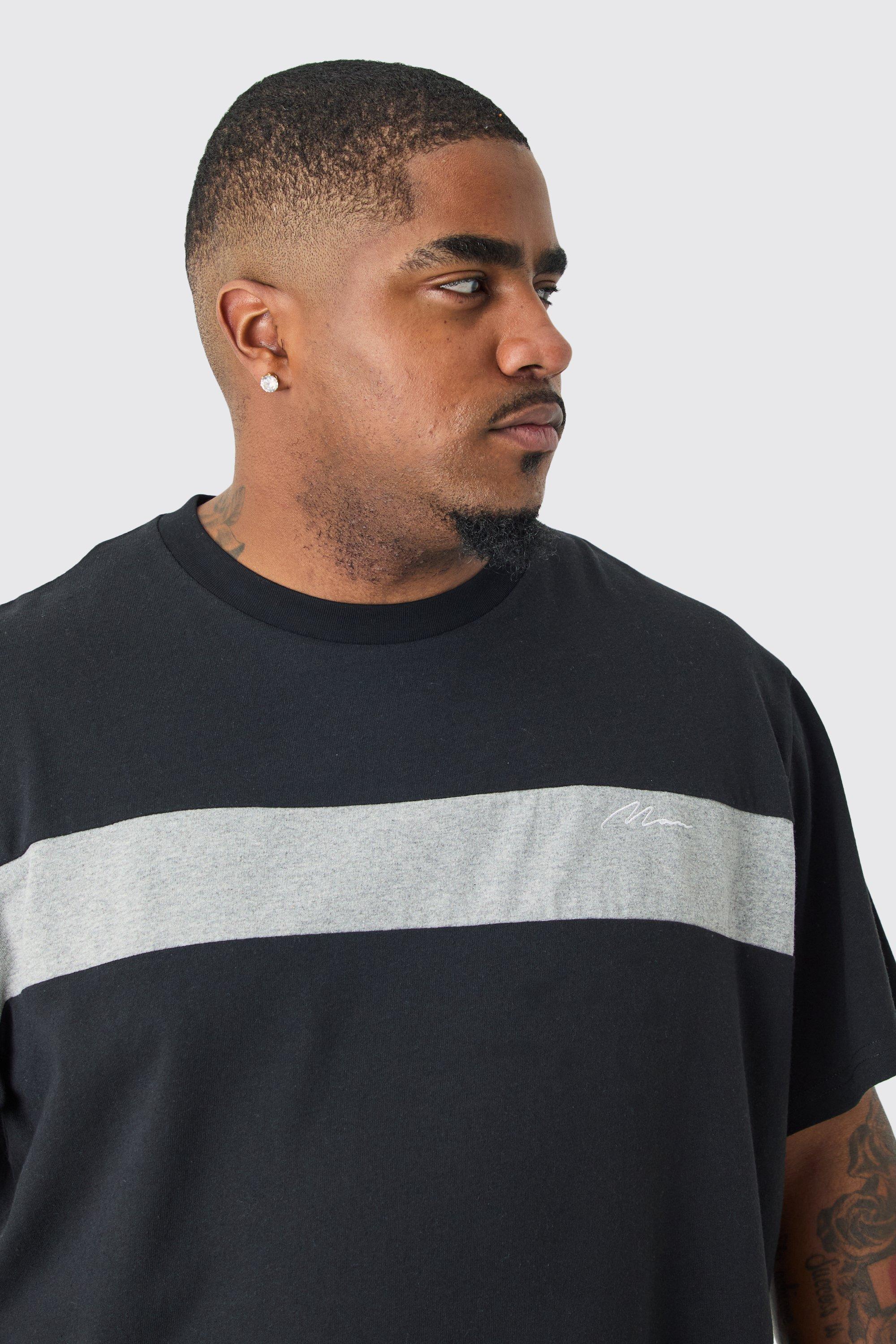 Image of T-shirt Plus Size Regular Fit nera a blocchi di colore con scritta Man, Nero