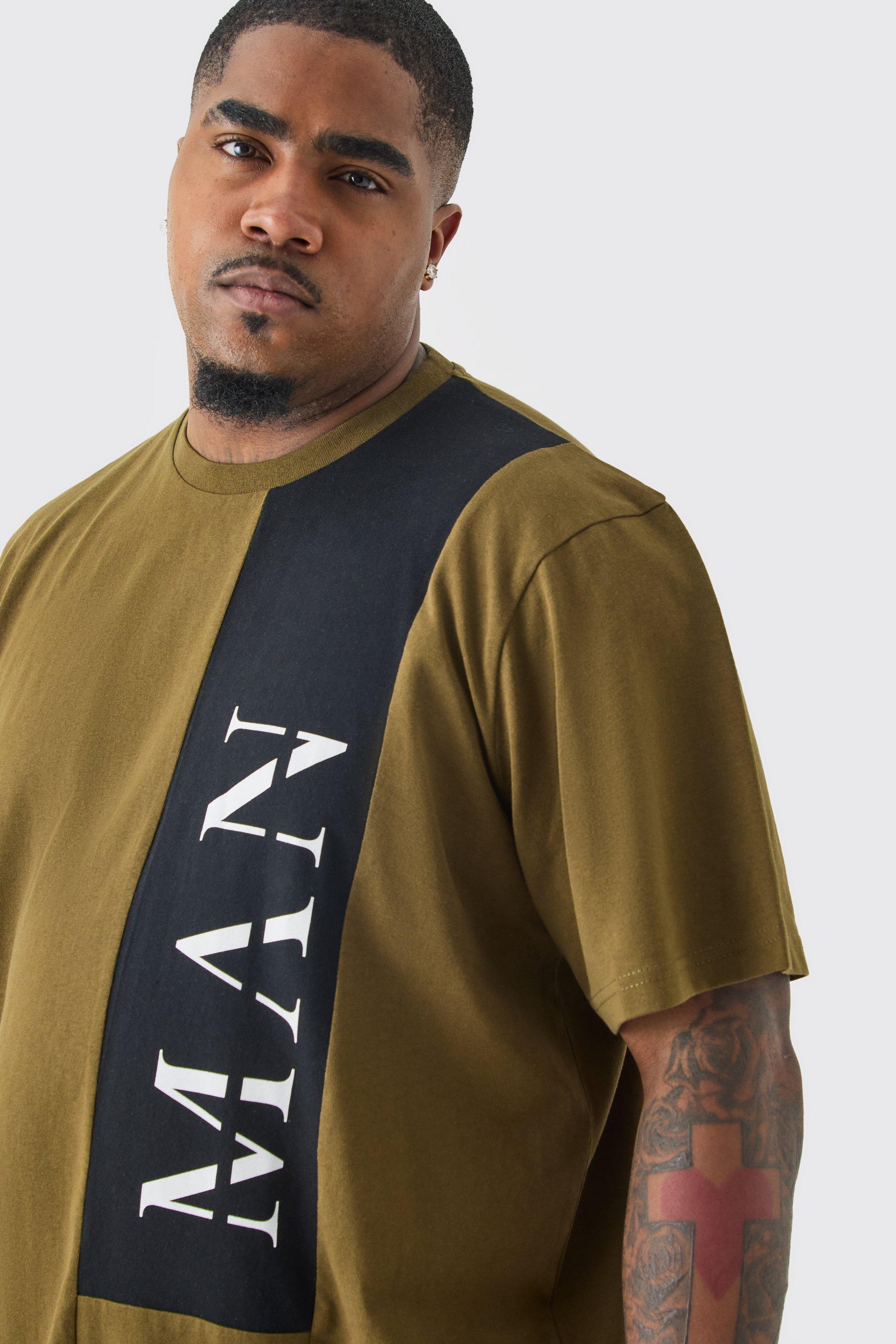 Image of T-shirt Plus Size Man con caratteri romani a blocchi di colore verde oliva, Verde