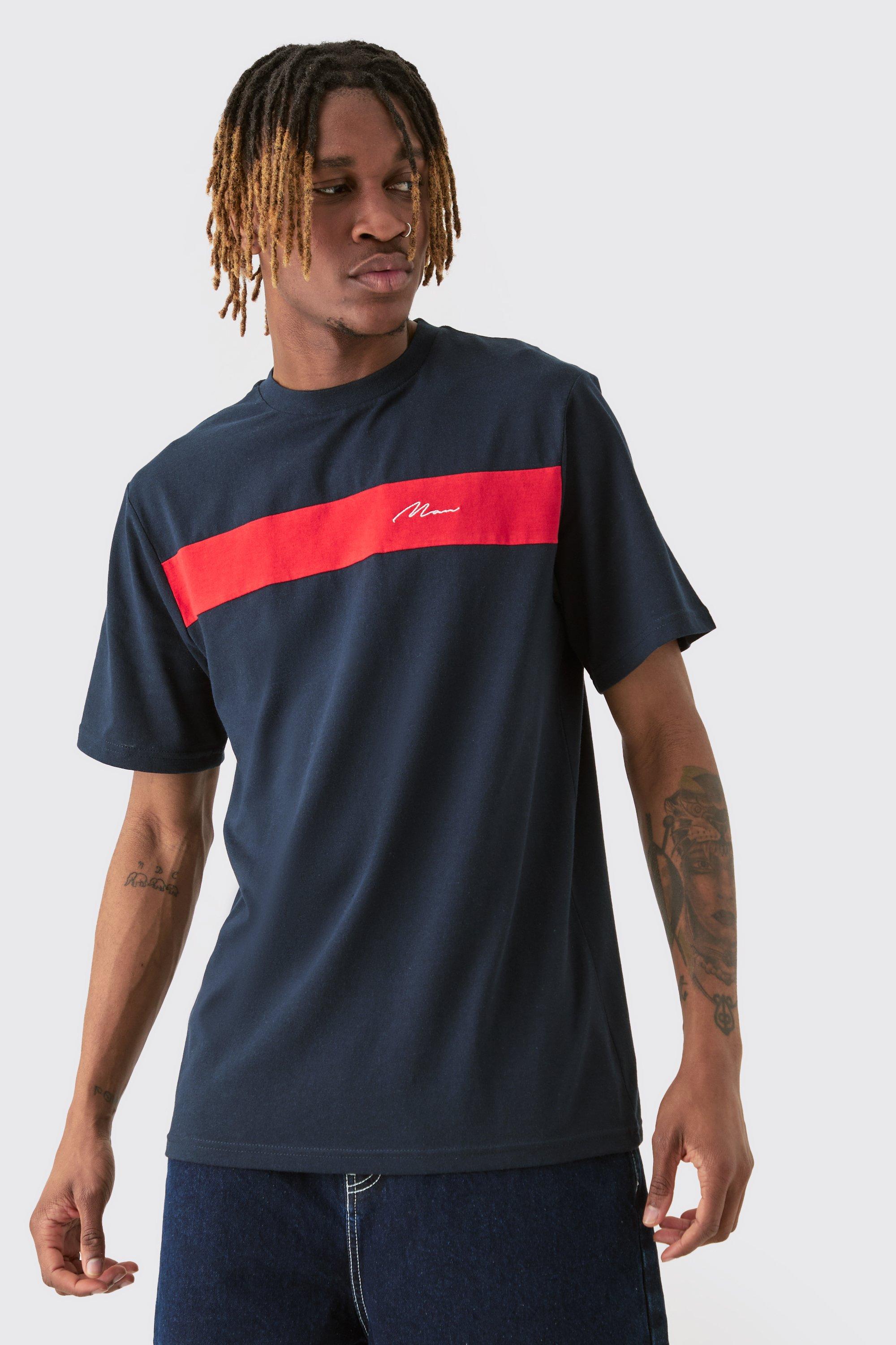 Image of T-shirt Tall Regular Fit a blocchi di colore con scritta Man blu navy, Navy