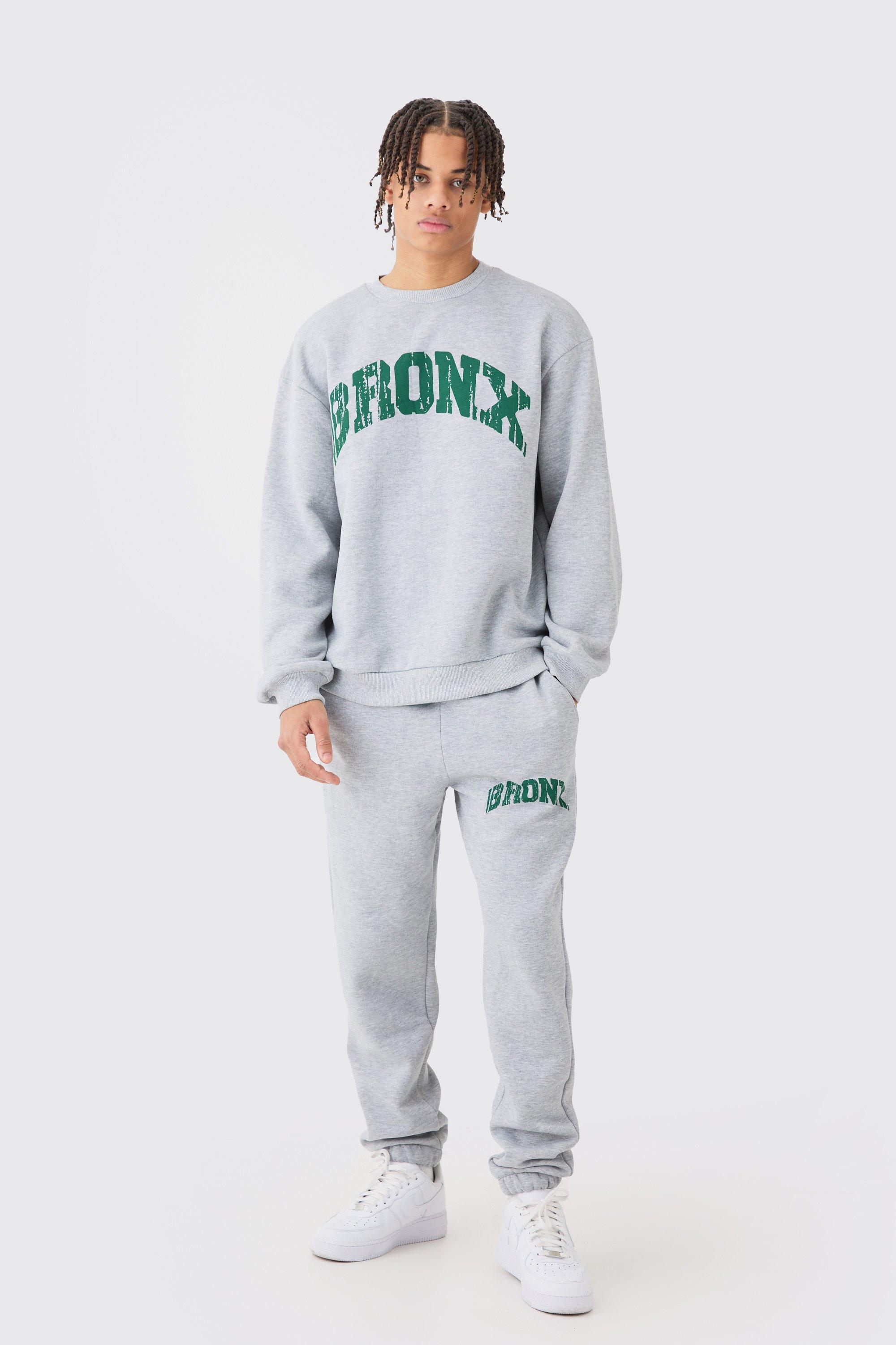 Mens Grey Oversized Bronx Varsity Sweatshirt Tracksuit, Grey
