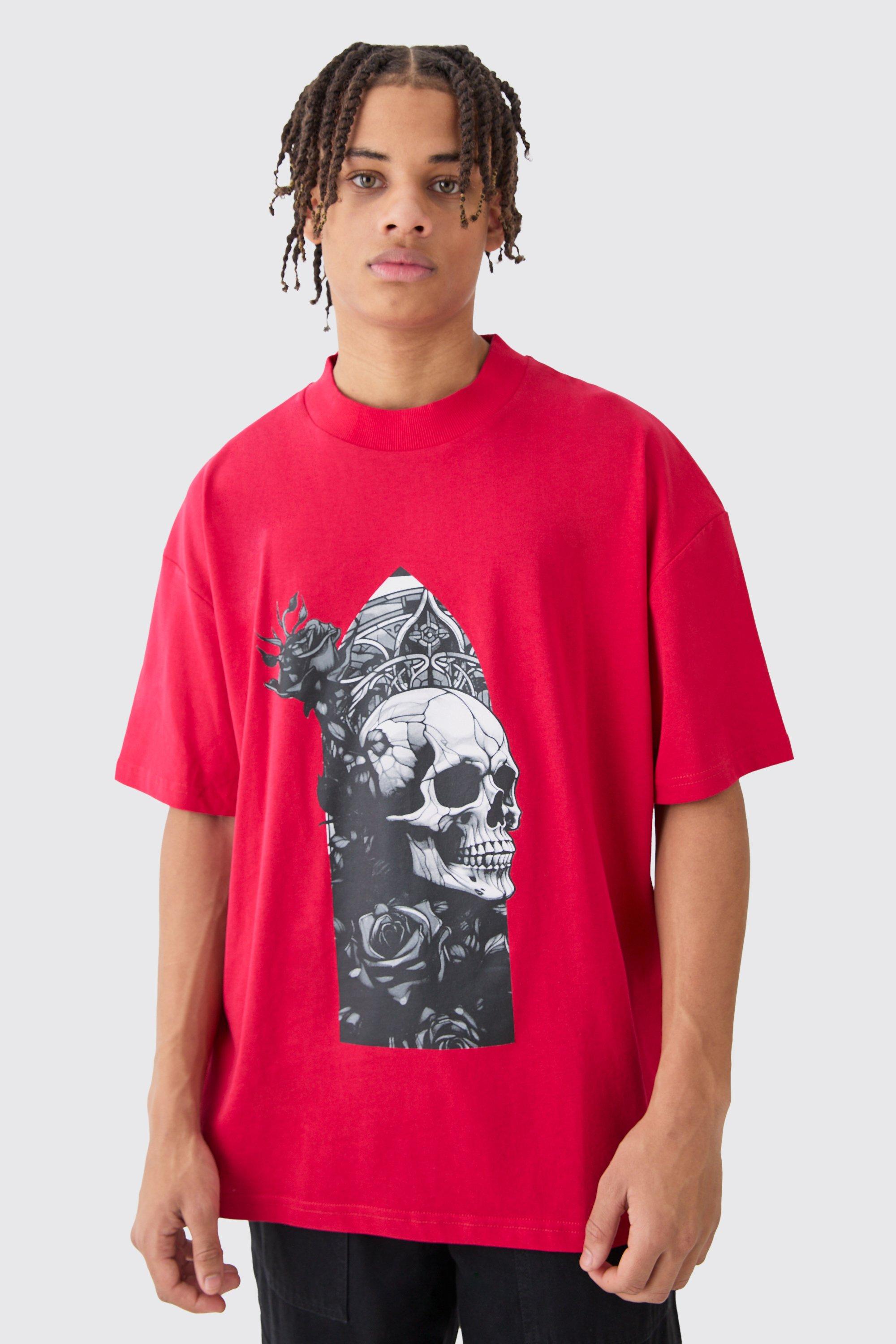 Image of T-shirt oversize con teschio e girocollo esteso, Rosso