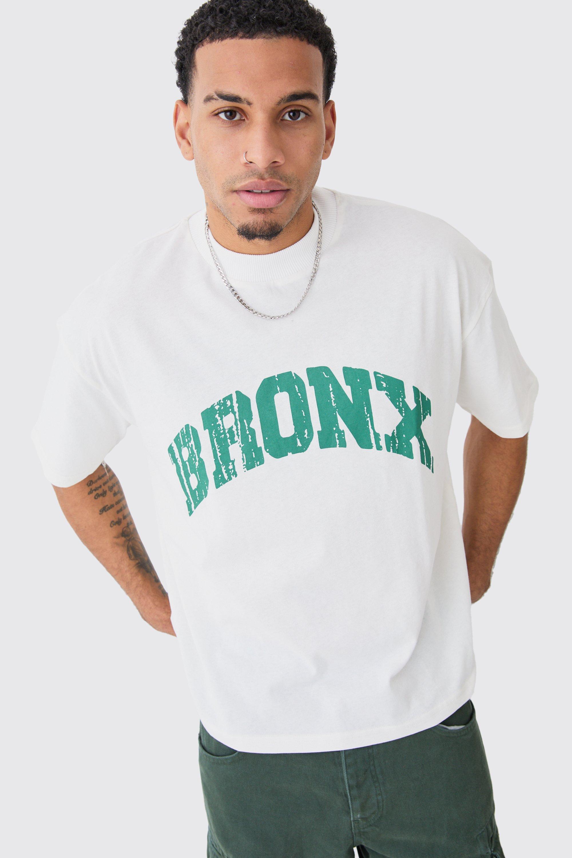 Mens Cream Oversized Boxy Extended Neck Bronx T-shirt, Cream