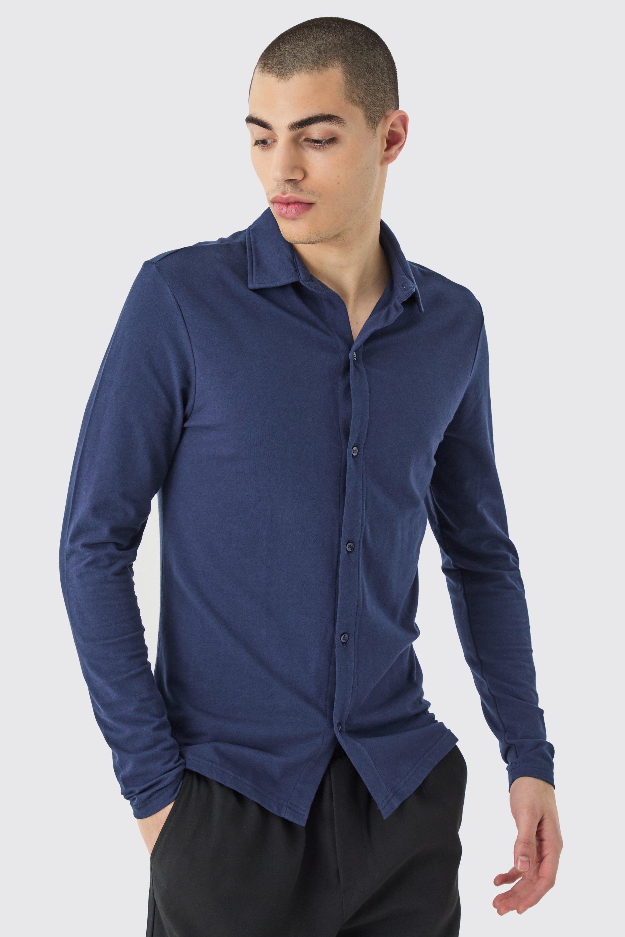 Image of Long Sleeve Muscle Fit Jersey Shirt, Navy