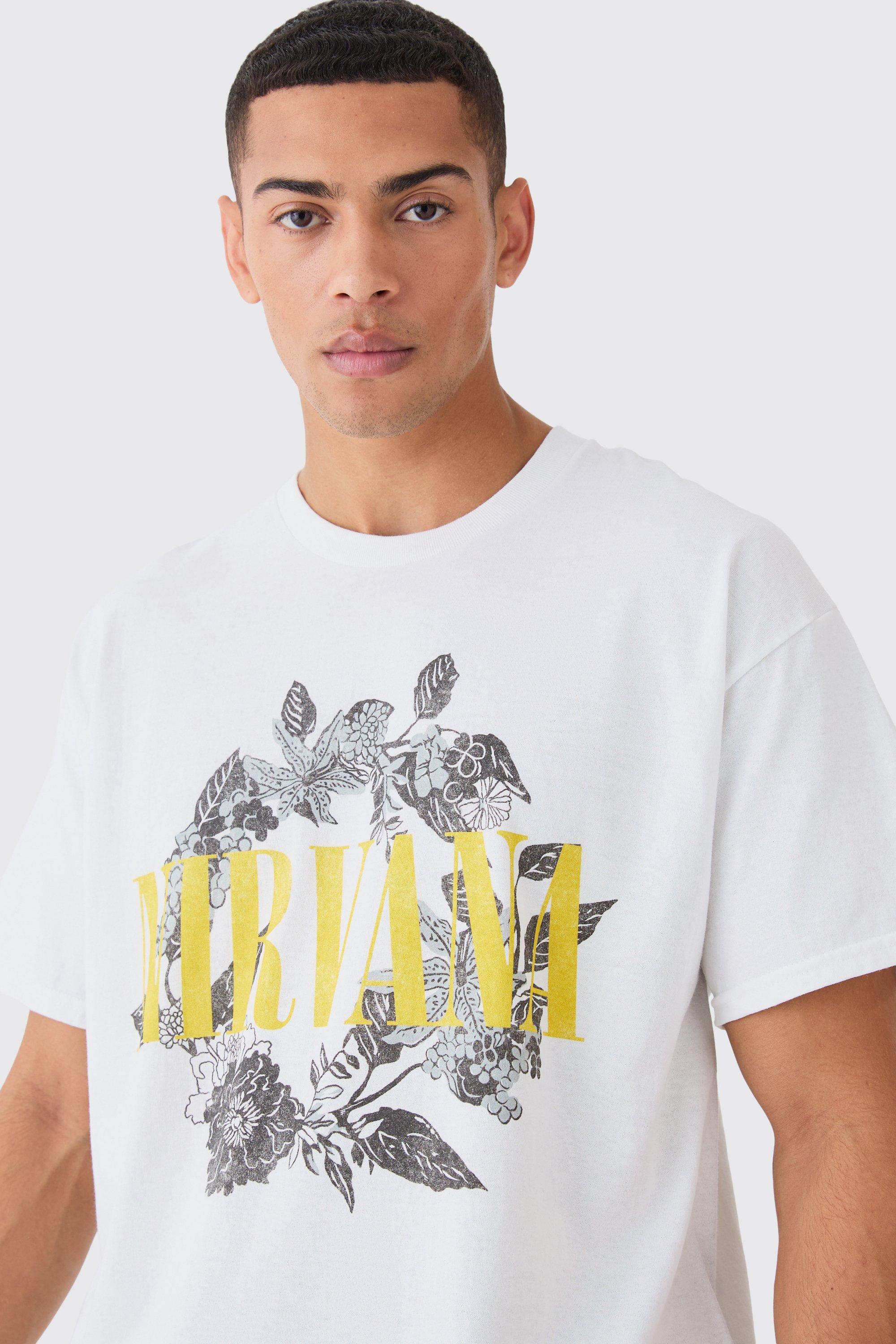 Image of T-shirt oversize ufficiale Nirvana con stampa a fiori, Bianco