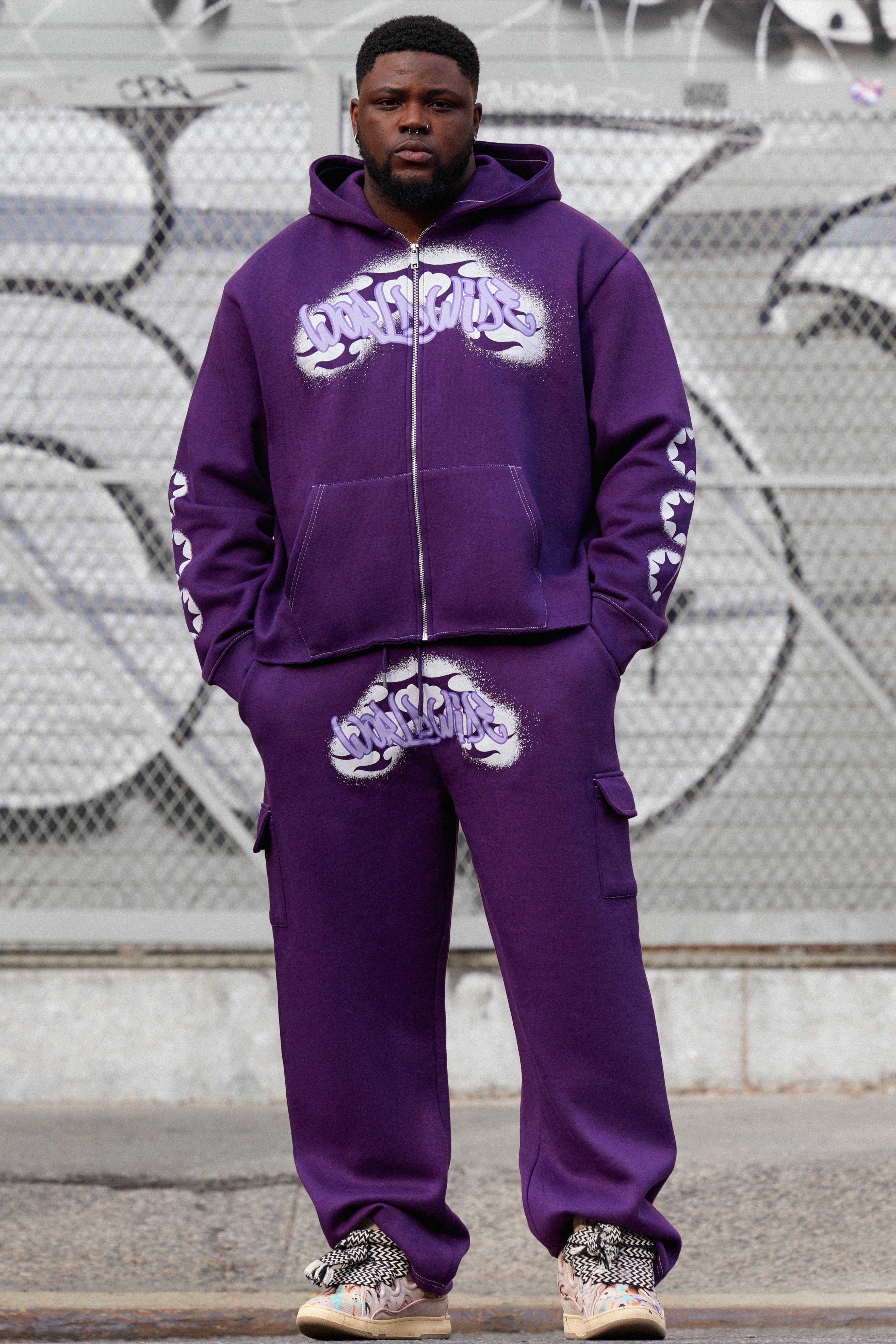 Image of Tuta sportiva Plus Size squadrata Worldwide stile Cargo stile Graffiti, Purple