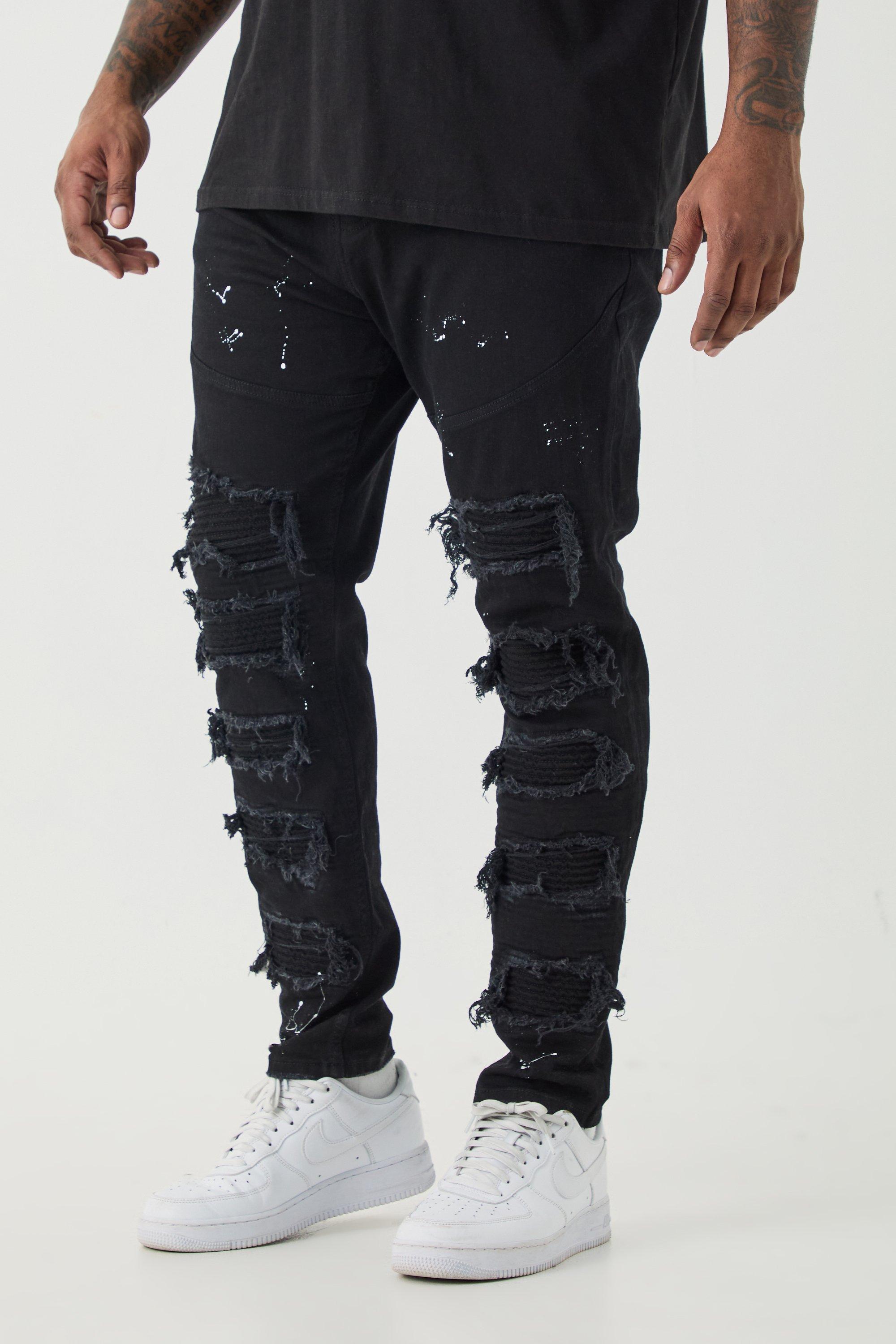 Image of Plus Super Skinny Pu Biker Rip & Repair Paint Splatter Jeans, Nero