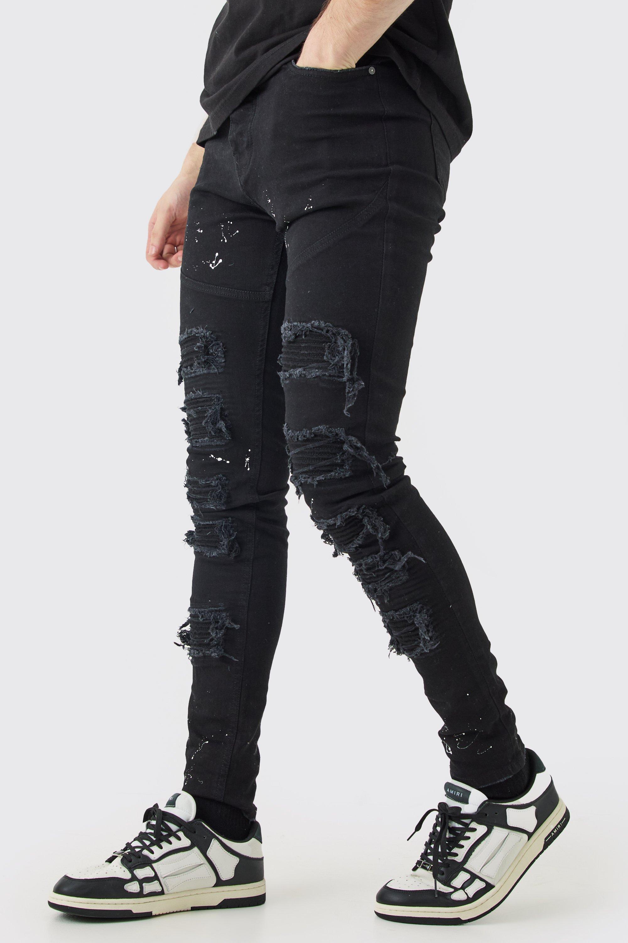 Image of Tall Super Skinny Pu Biker Rip & Repair Paint Splatter Jeans, Nero