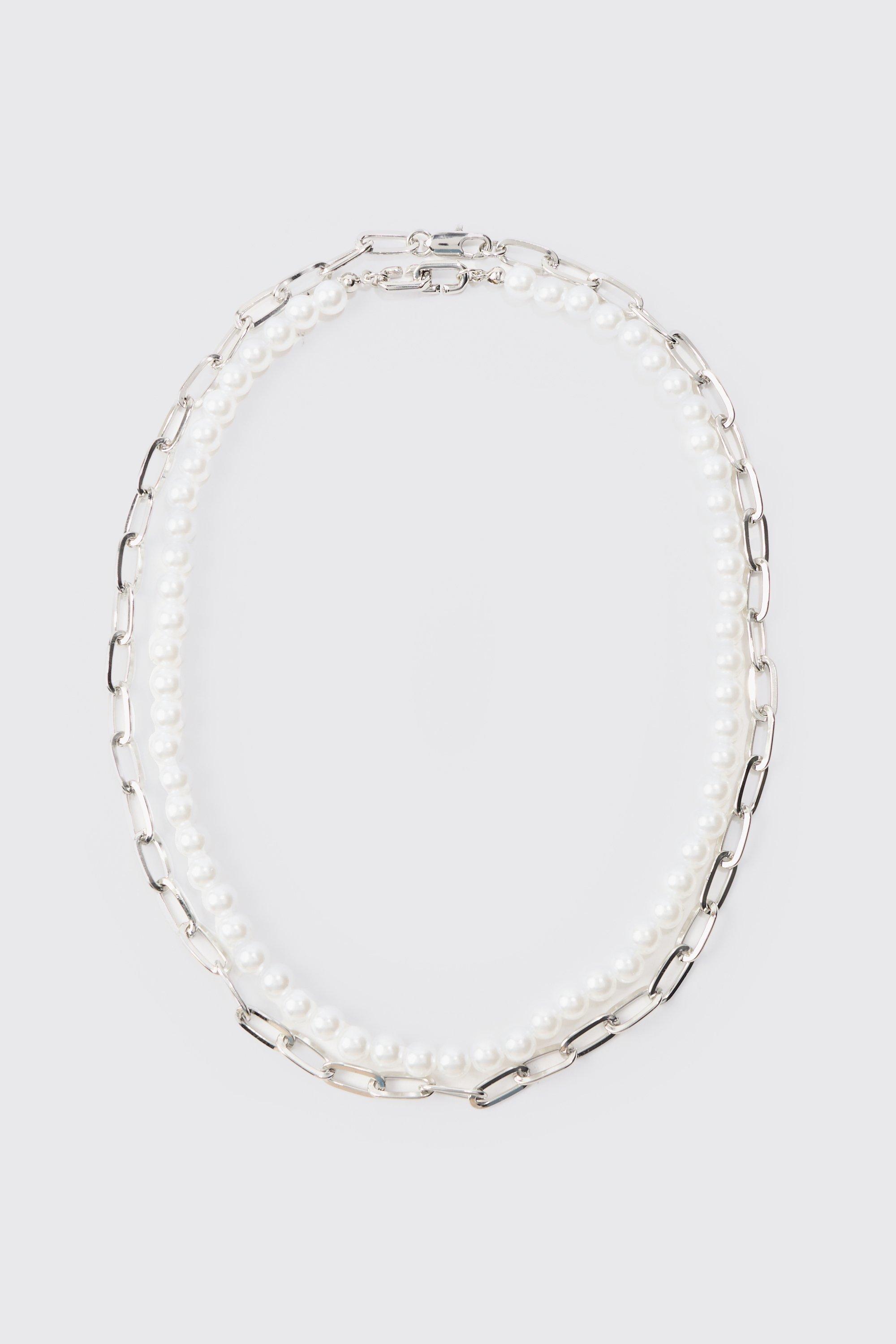 Image of Collana a catena a più fili color argento con perle e perle - set di 2 paia, Grigio