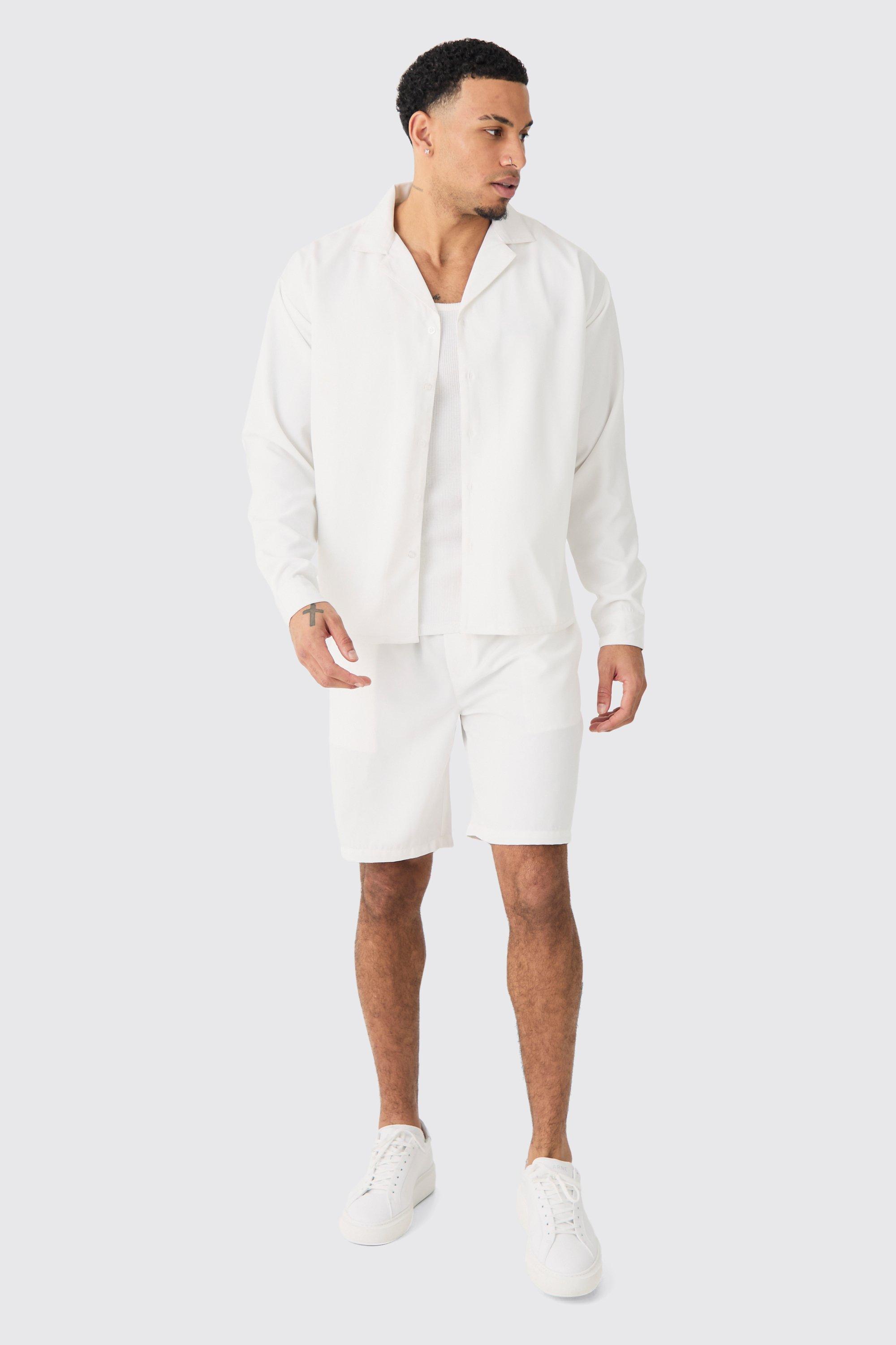Image of Camicia squadrata in twill morbido & pantaloncini, Bianco