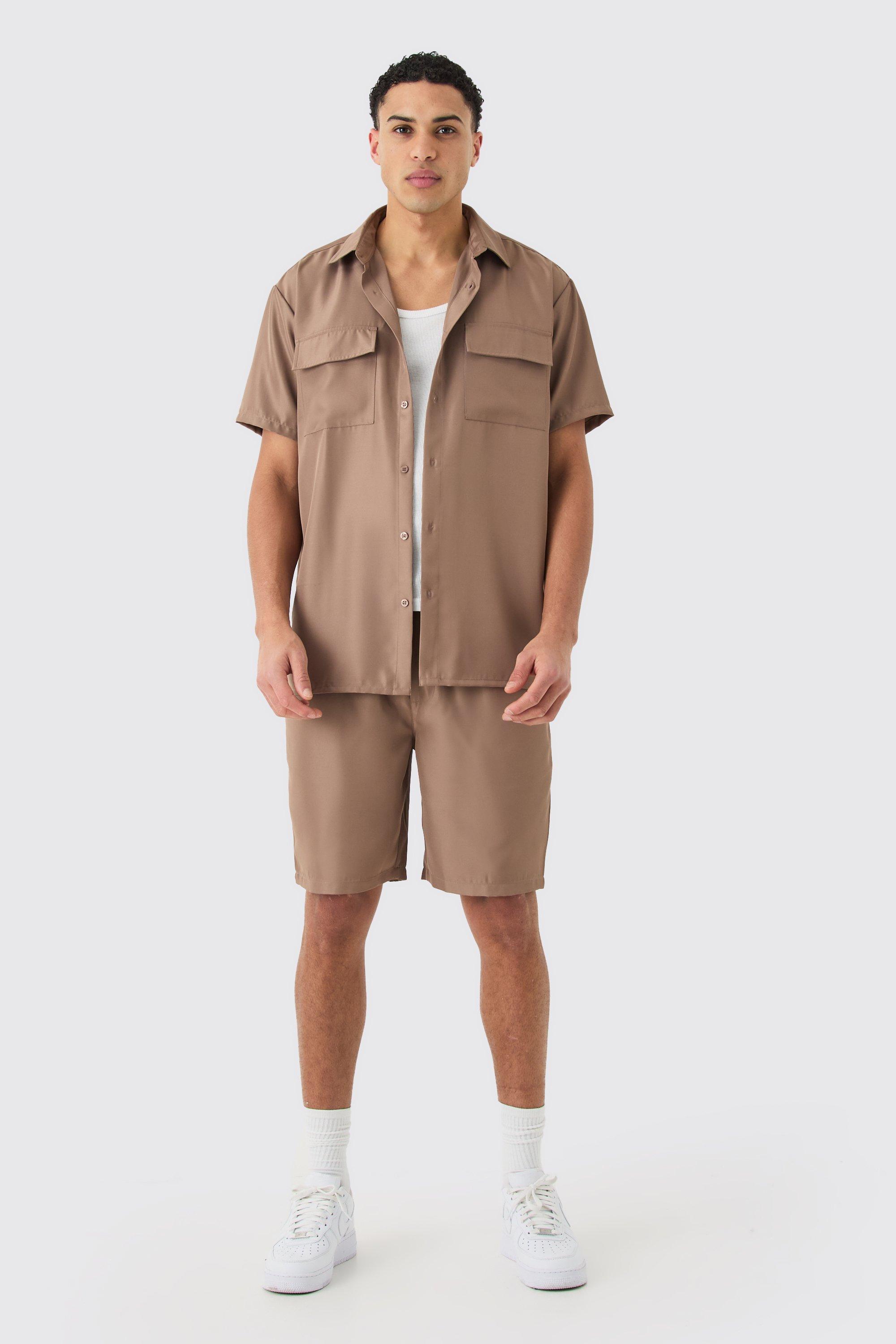 Image of Short Sleeve Soft Twill Overshirt And Short Set, Beige
