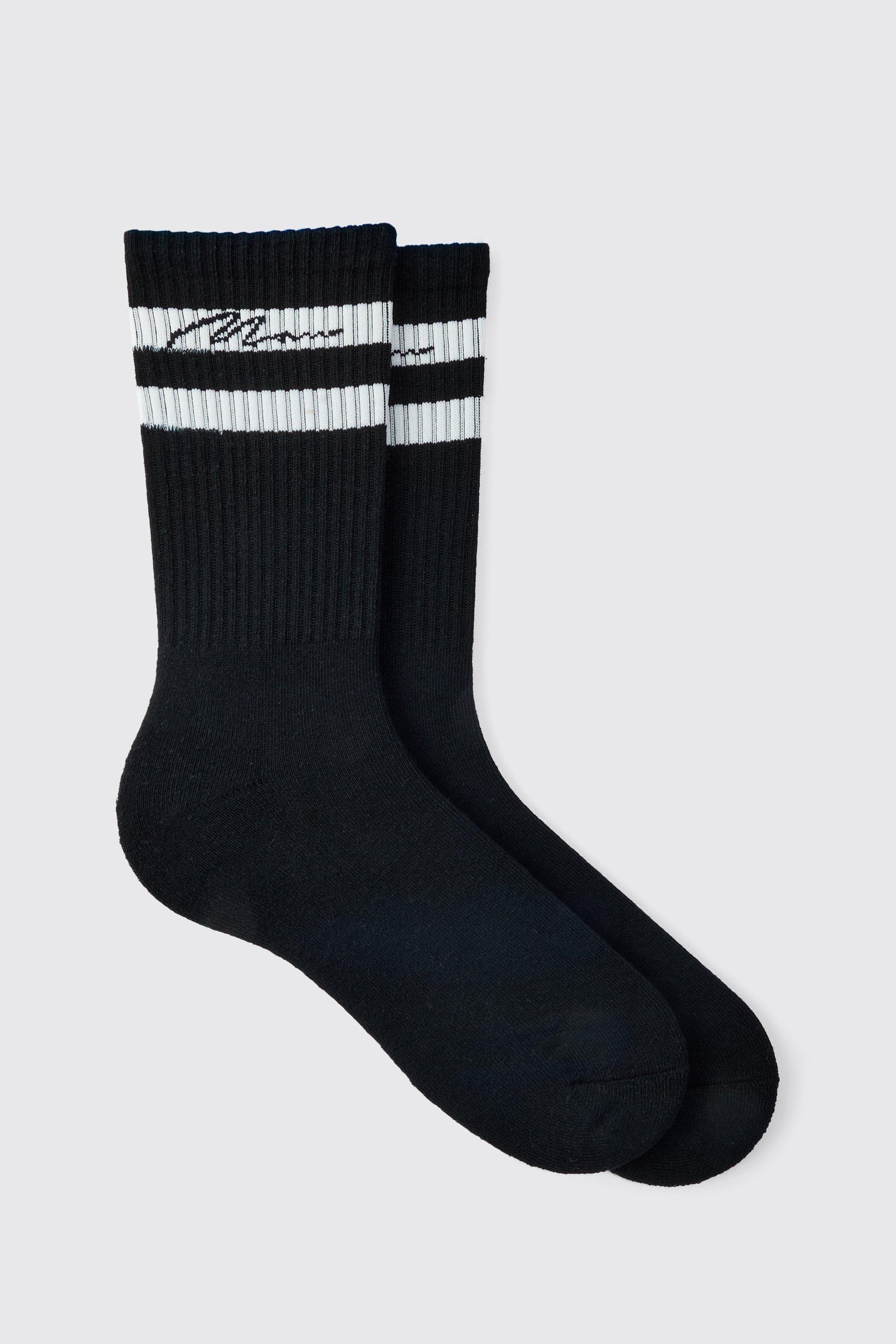 Mens 3 Pack Man Signature Sports Stripe Socks In Black, Black