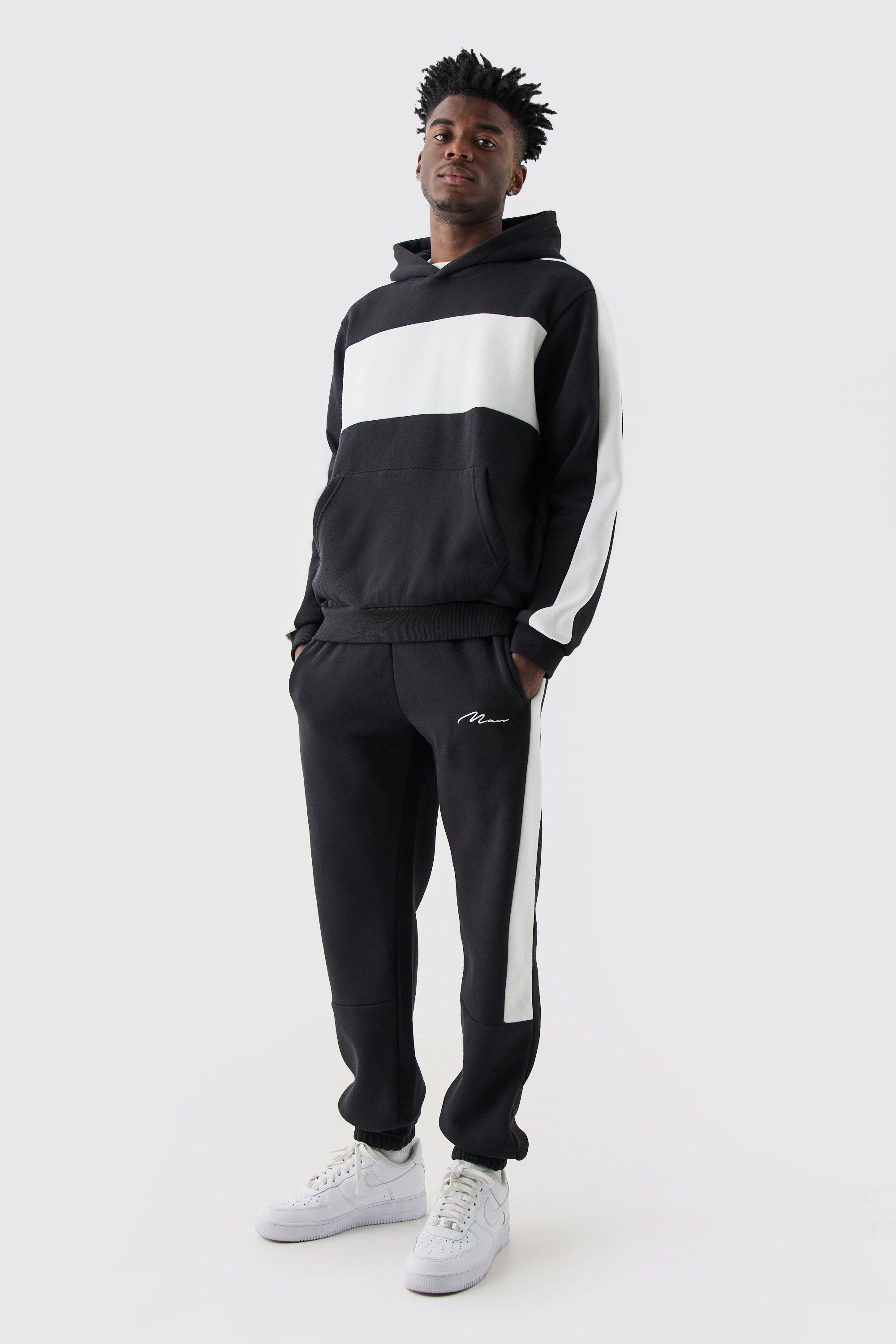 Image of Colour Block Tape Hooded Tracksuit, Nero