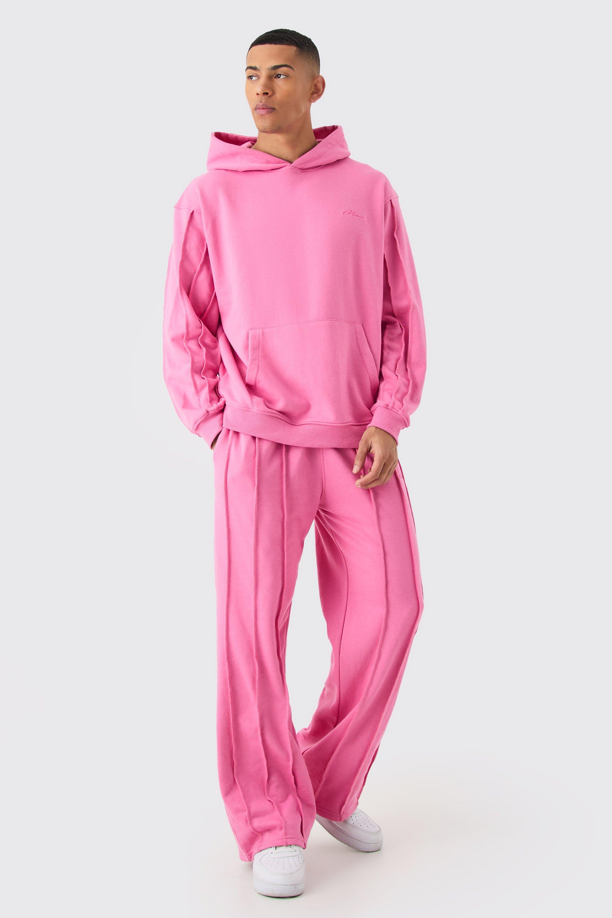 Image of Oversized Raw Seam Man Sig Embroidered Hooded Tracksuit, Pink