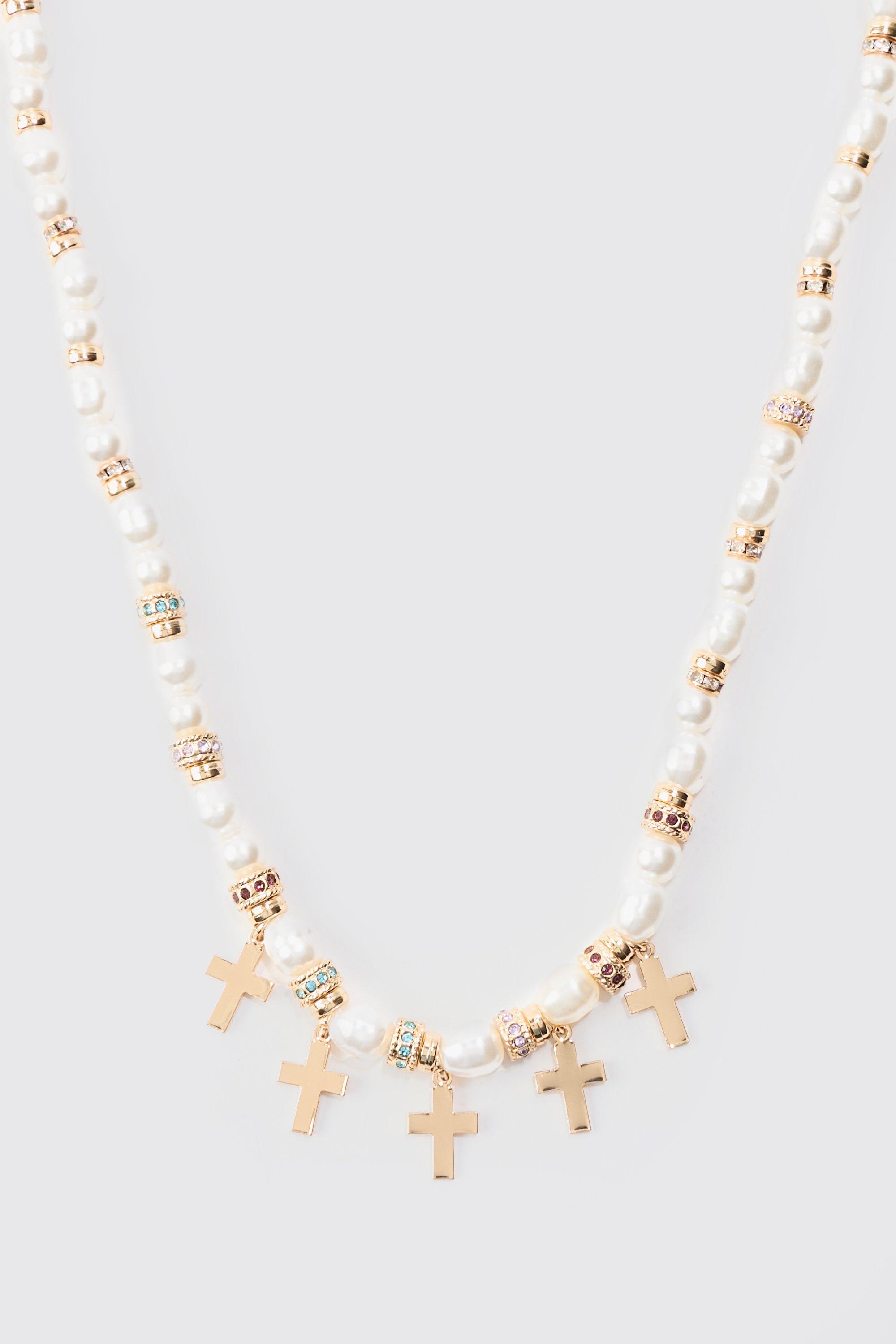 Image of Pearl Bead Necklace With Cross Charms In Gold, Metallics