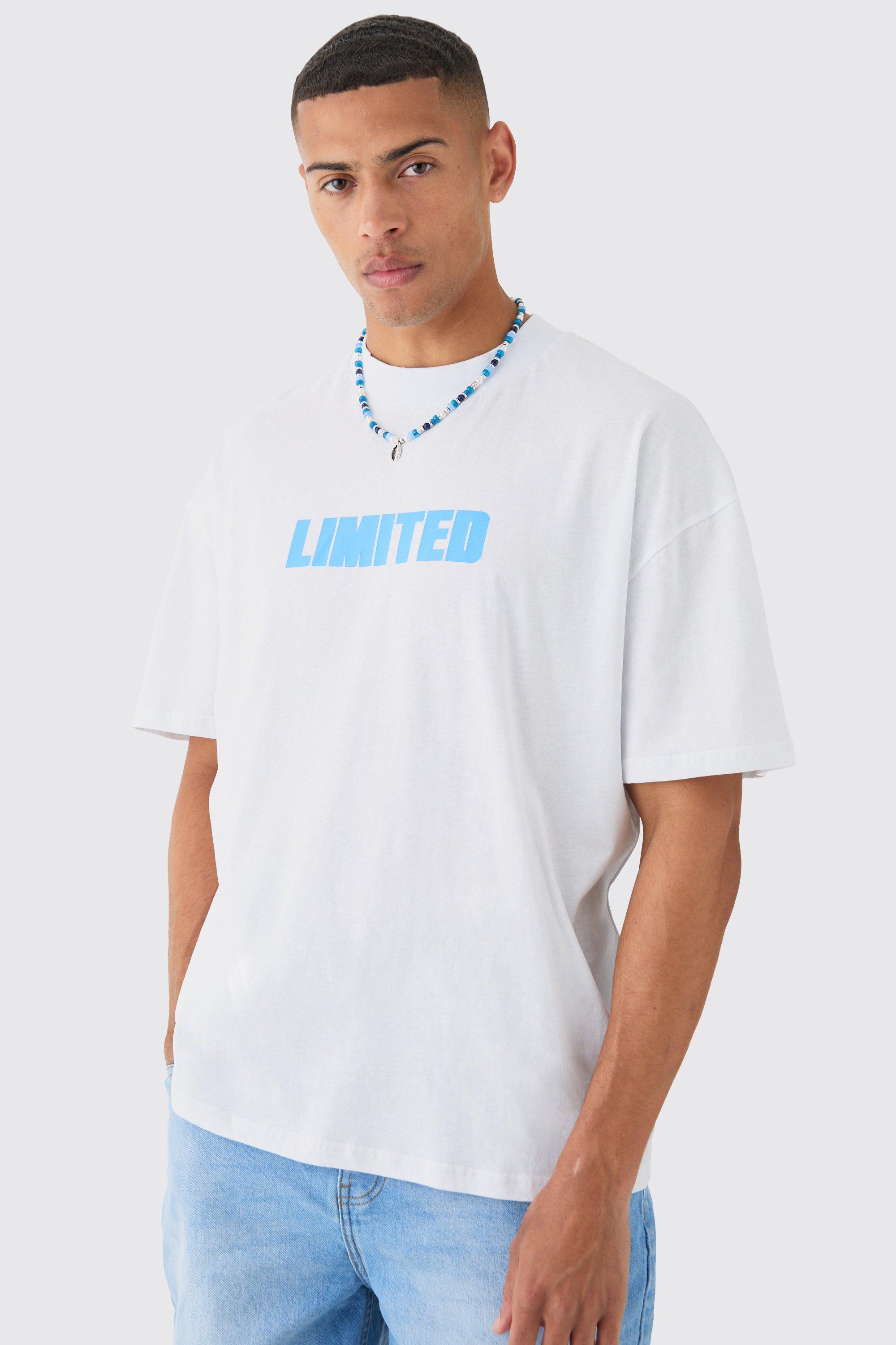 Mens White Oversized Extended Neck Limited Print T-shirt, White