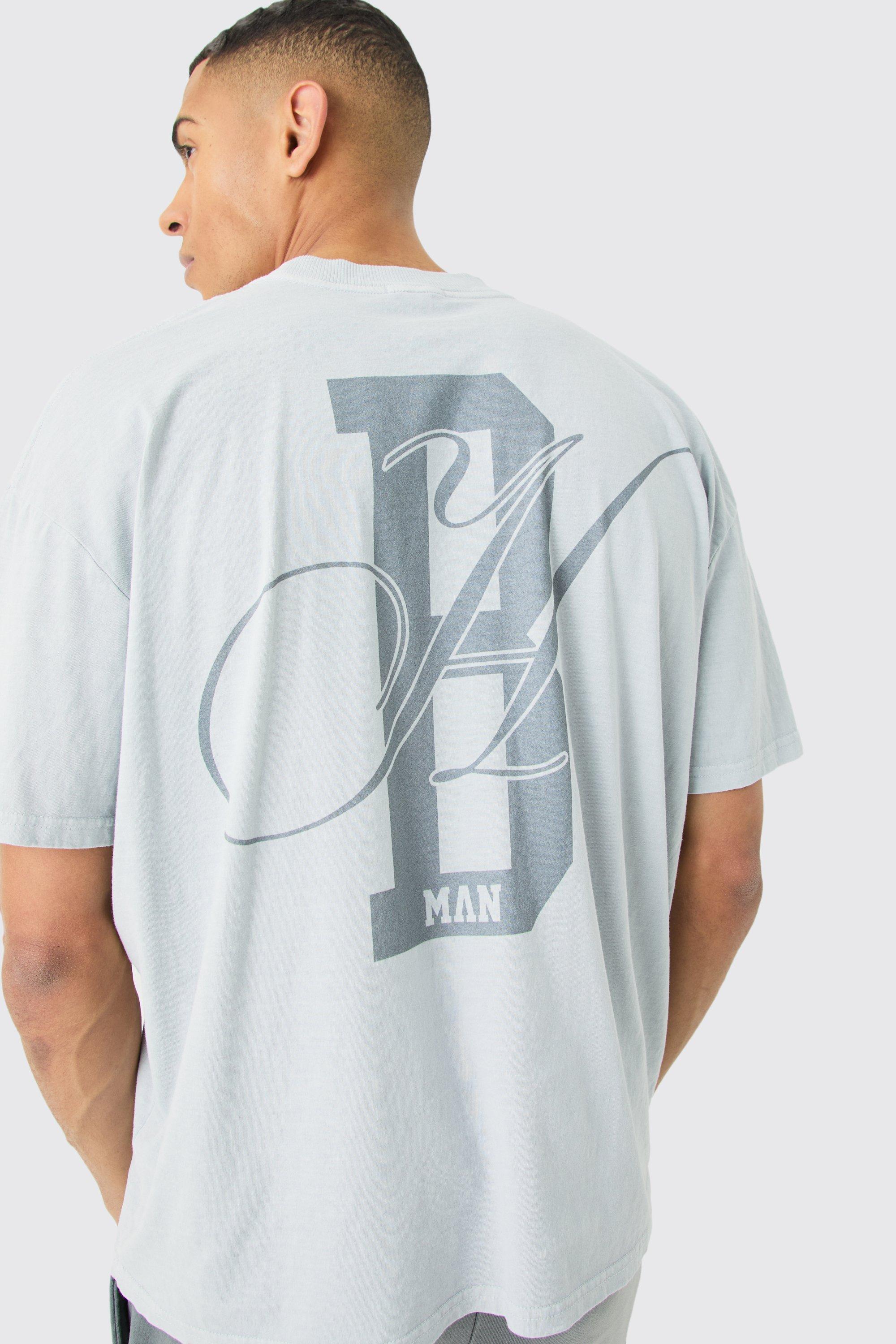 Image of T-shirt squadrata oversize slavata con scritta Bh Man, Grigio
