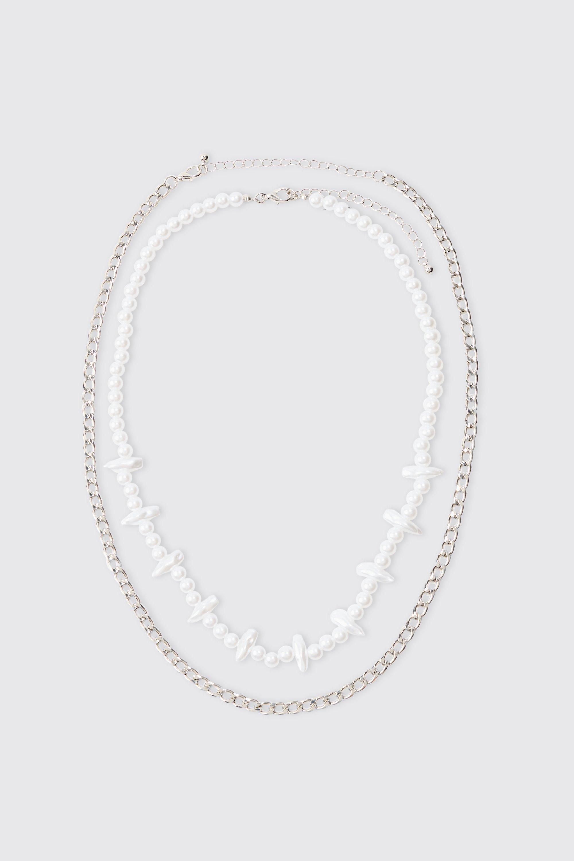 Image of Collane a catena color argento con perle e metallo - set di 2 paia, Grigio