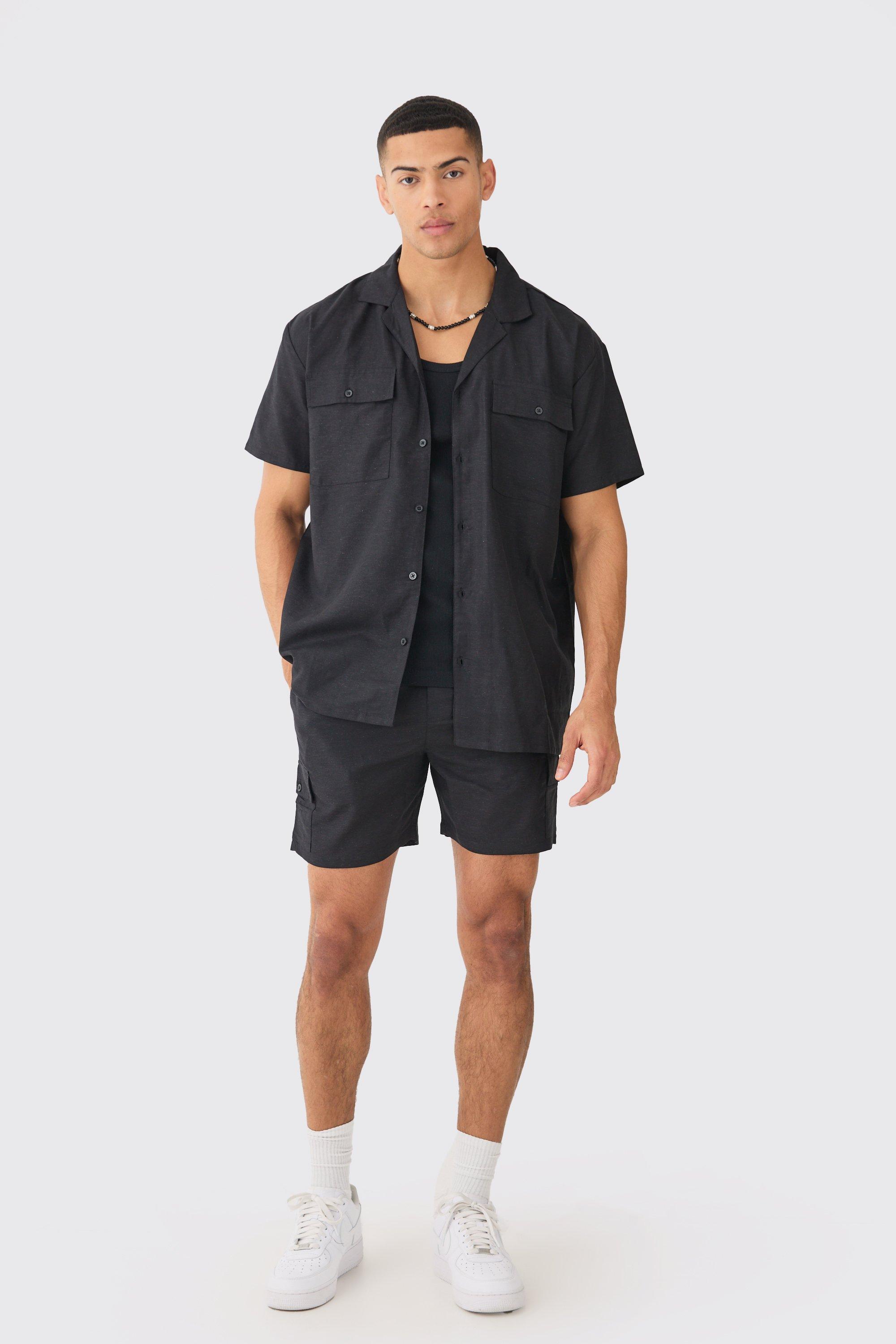 Image of Short Sleeve Linen Cargo Shirt & Short, Nero