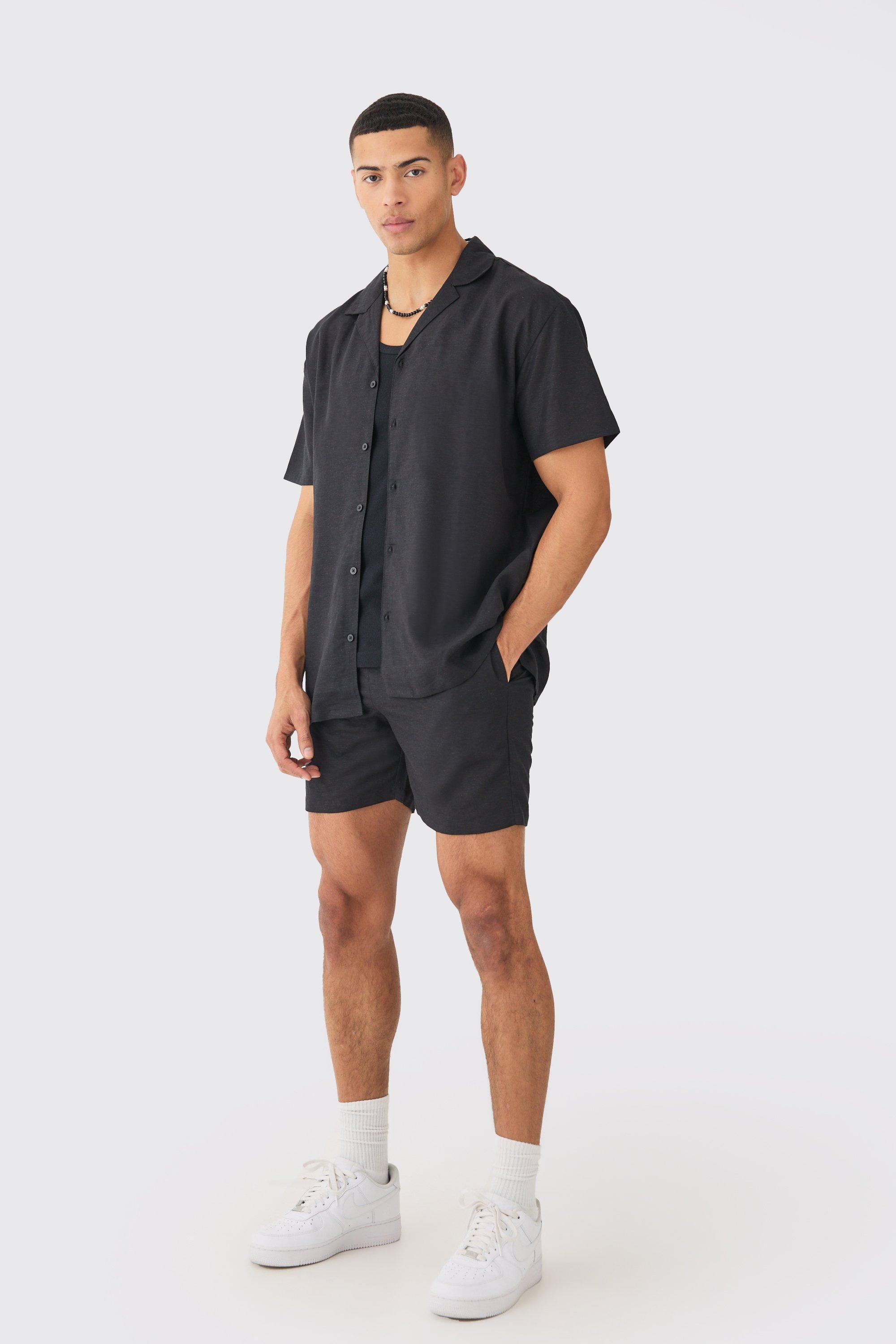 Image of Short Sleeve Oversized Linen Shirt & Short, Nero