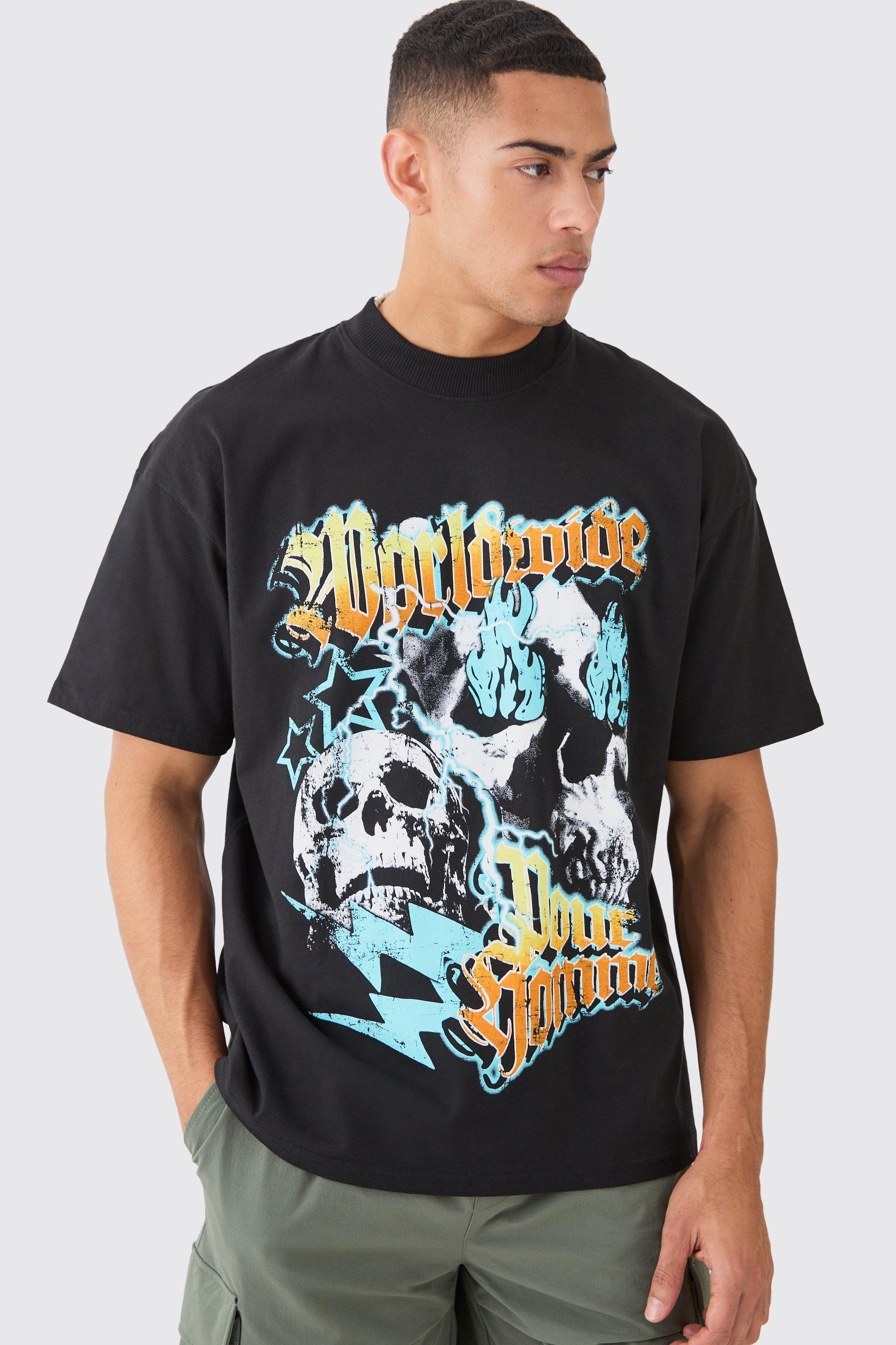 Mens Black Oversized Worldwide Skull T-shirt, Black