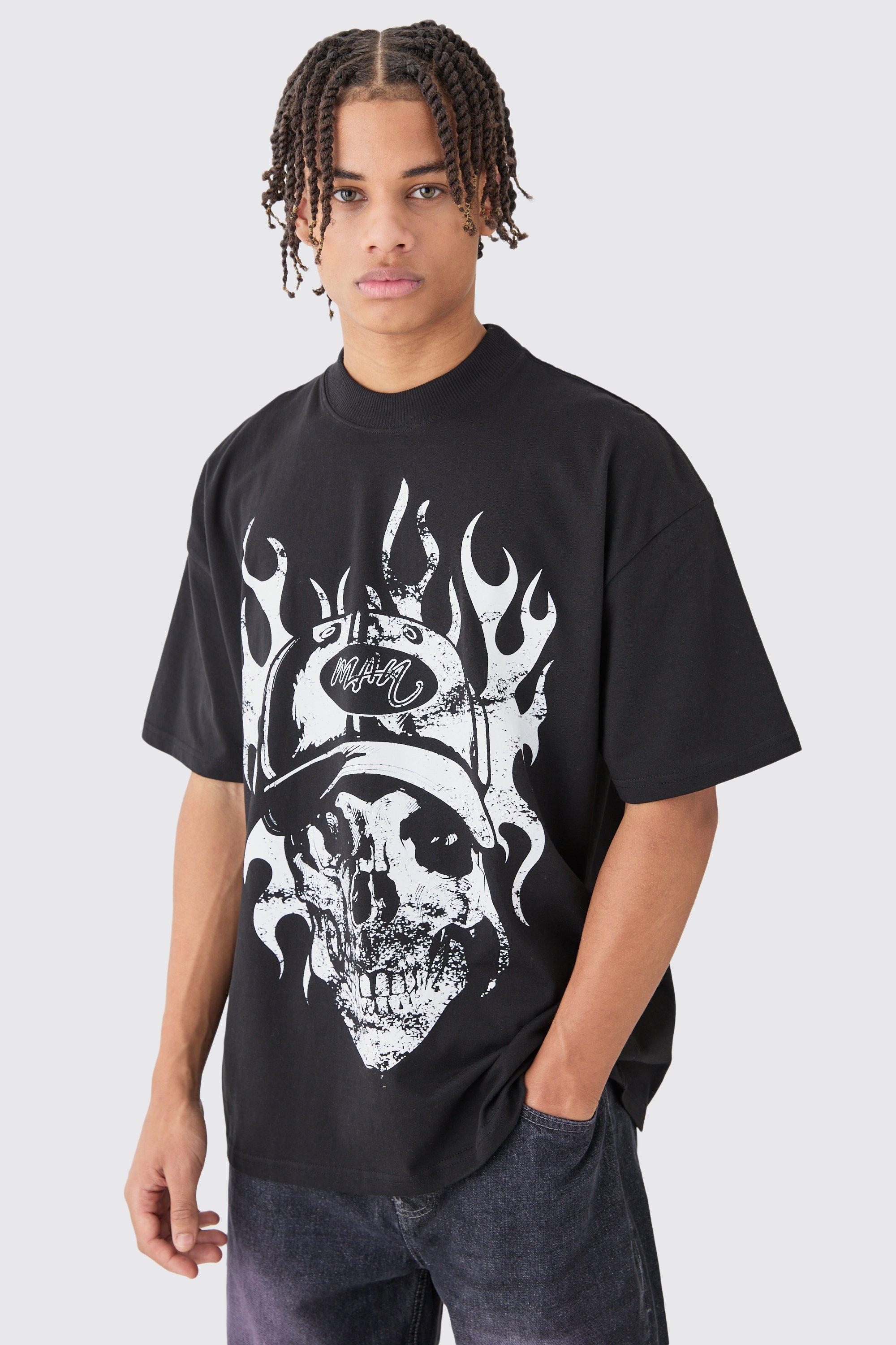 Mens Black Oversized Distressed Skull T-shirt, Black