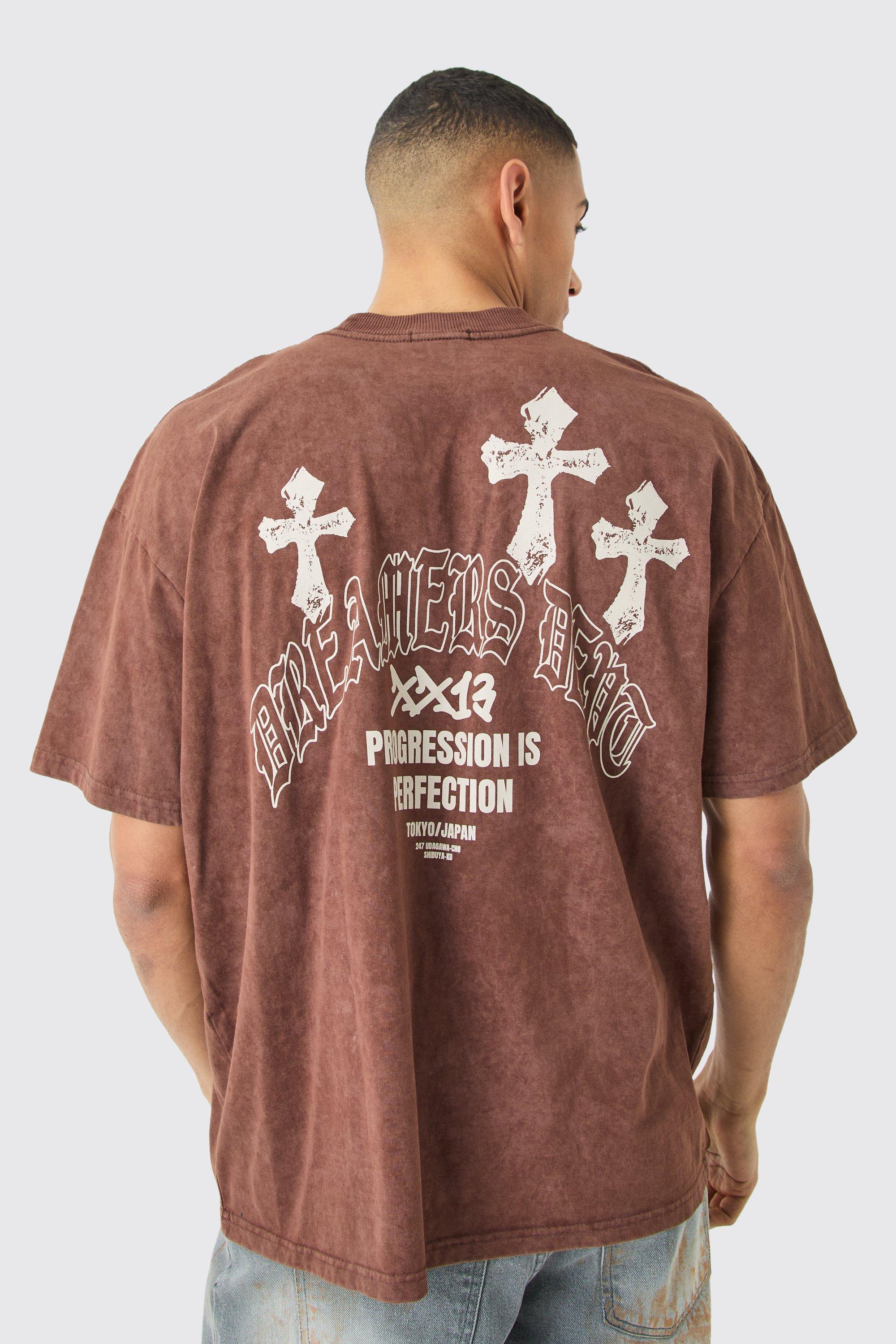 Image of T-shirt oversize in lavaggio acido con grafica a croce, Brown