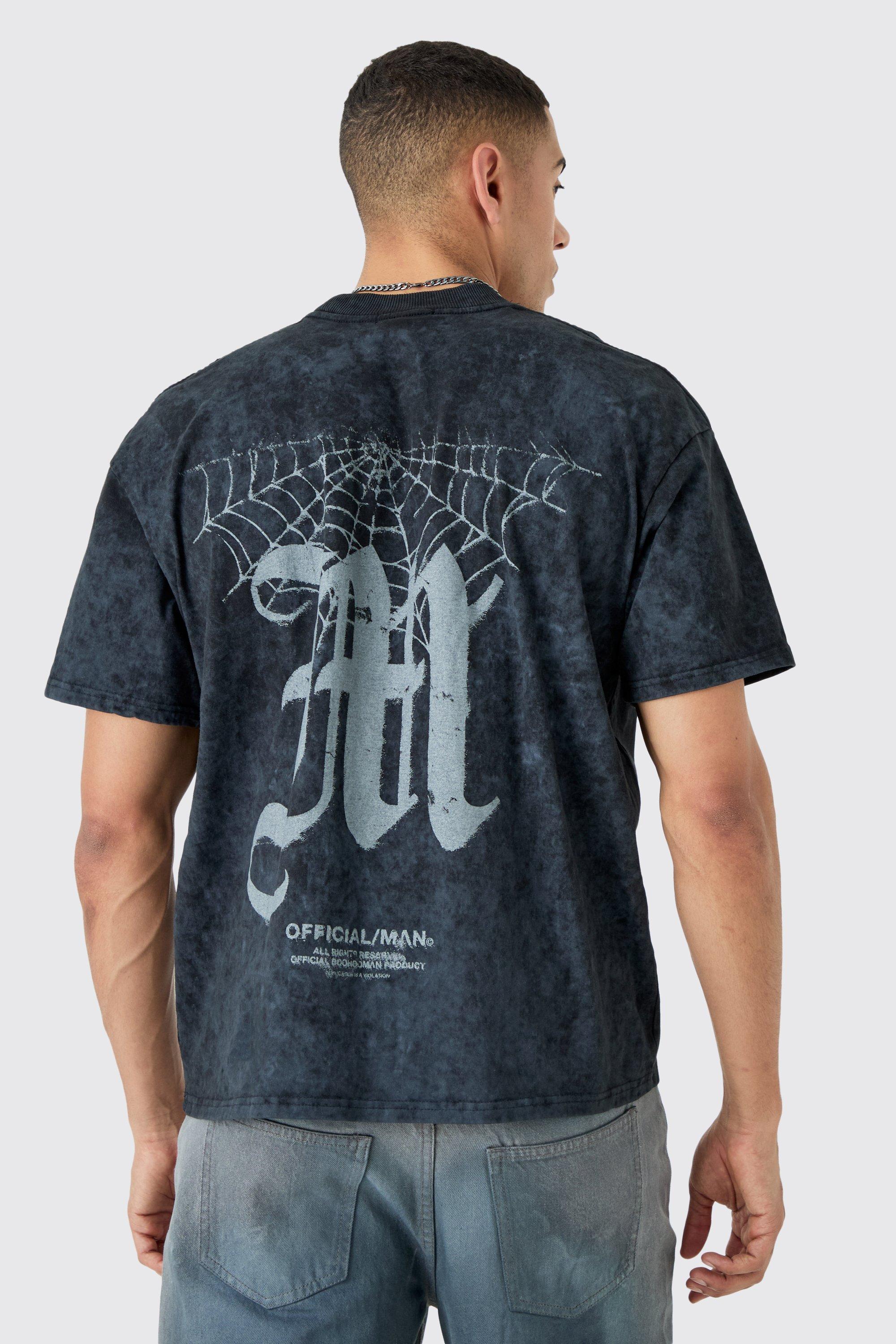 Image of T-shirt squadrata oversize in lavaggio acido con grafica M, Nero