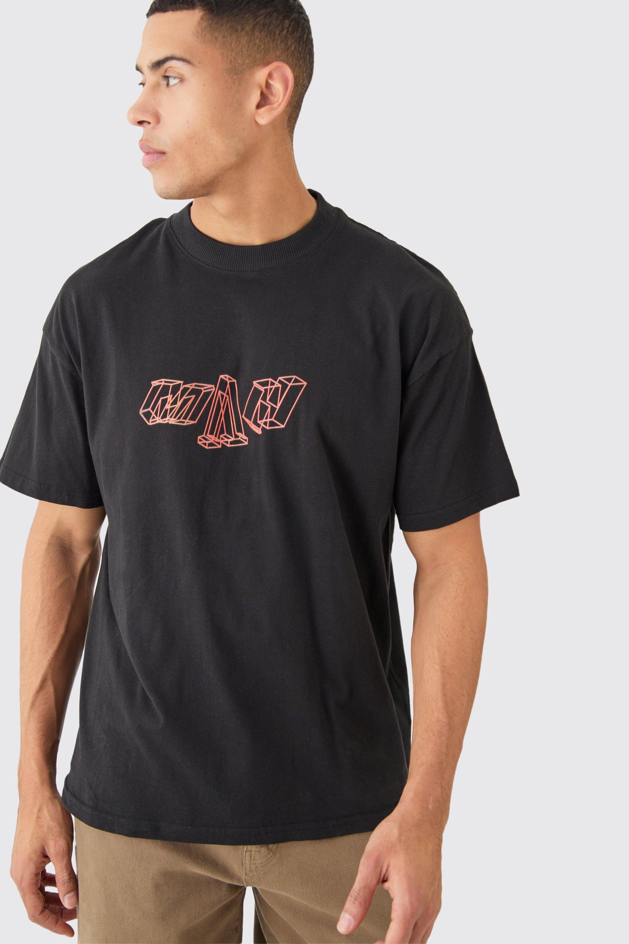 Image of T-shirt oversize con grafica di M e girocollo esteso, Nero