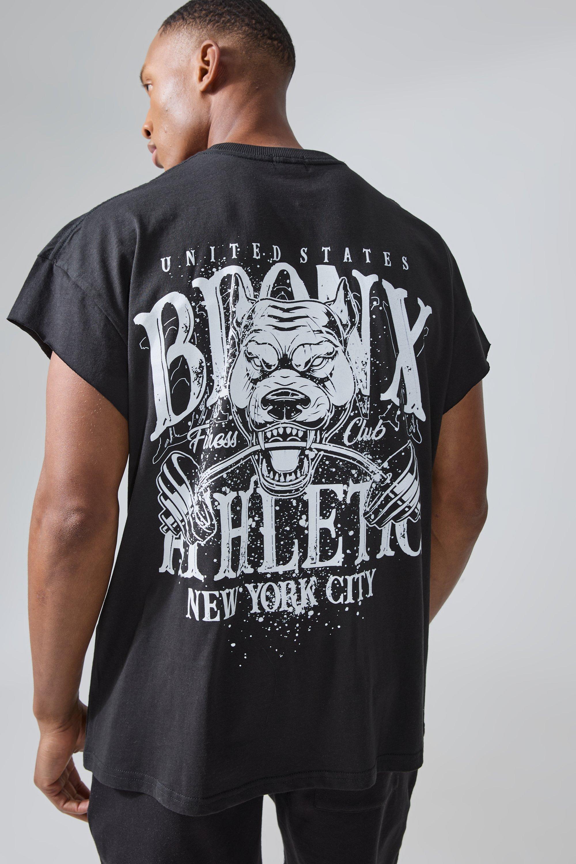 Mens Black Man Active Oversized Bronx Barbell Cut Off T-shirt, Black