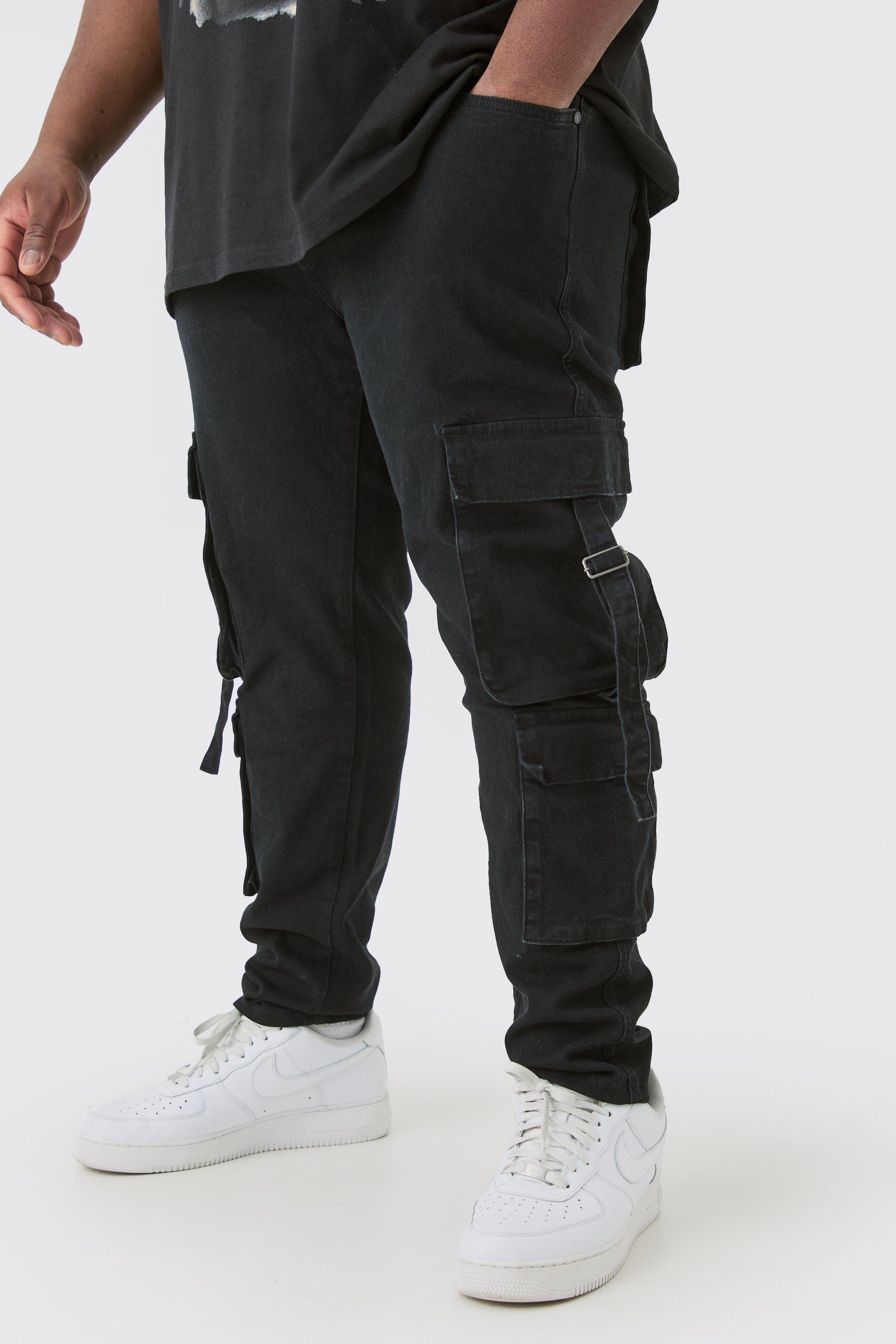 Image of Jeans Plus Size Skinny Fit in Stretch con tasche Cargo e dettagli neri, Nero