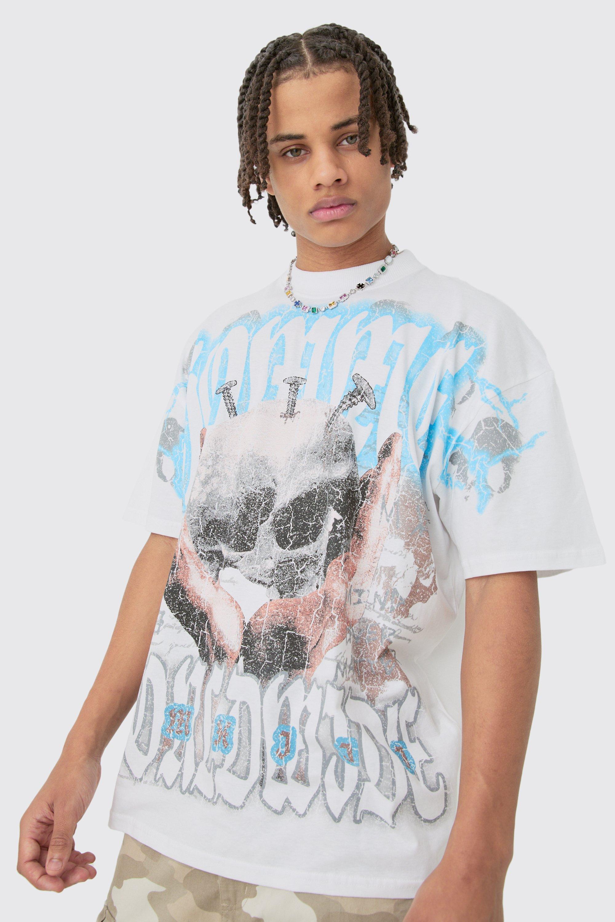 Image of T-shirt oversize con grafica di teschio e cuciture, Bianco