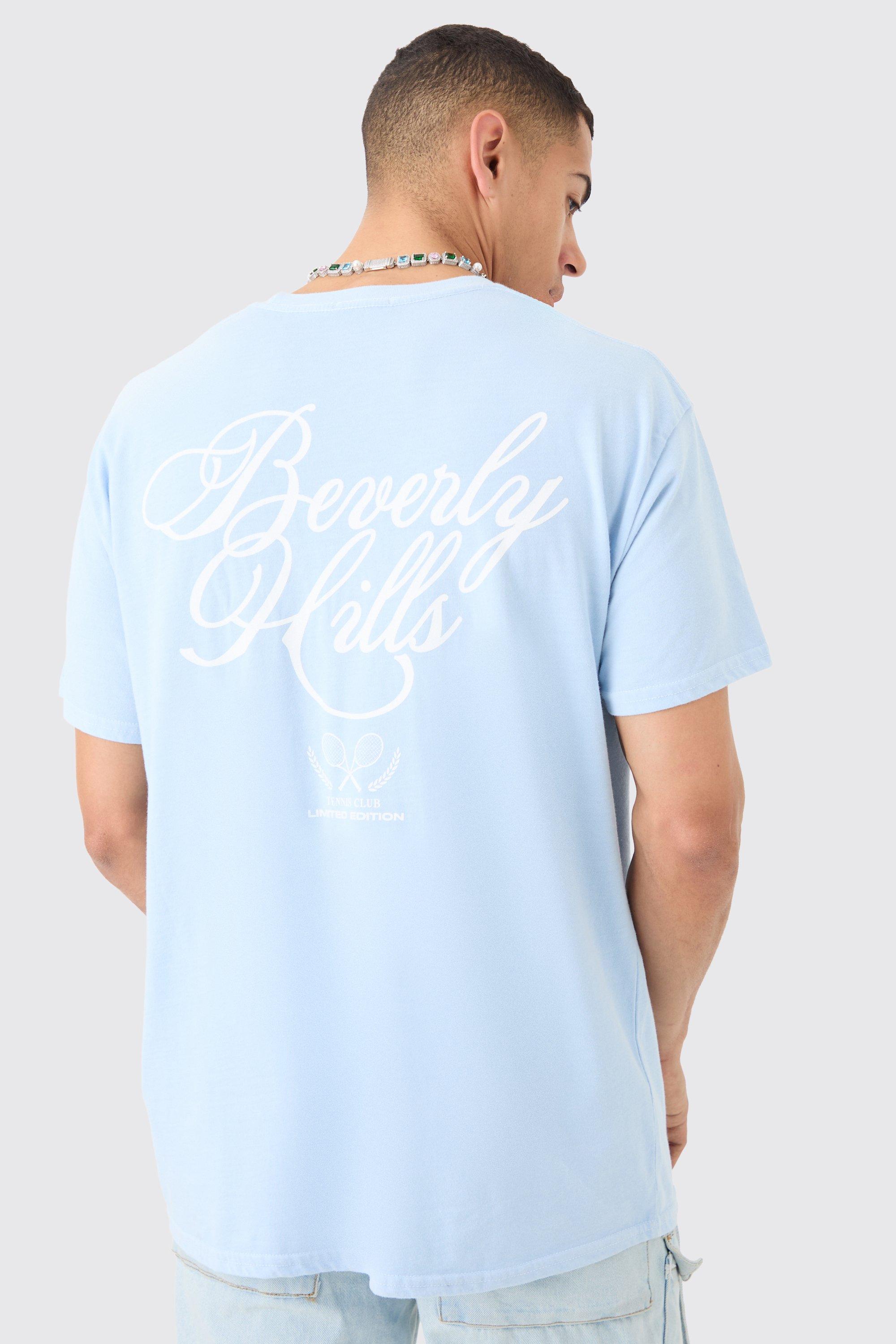 Image of T-shirt oversize slavata con scritta Beverly Hills, Azzurro