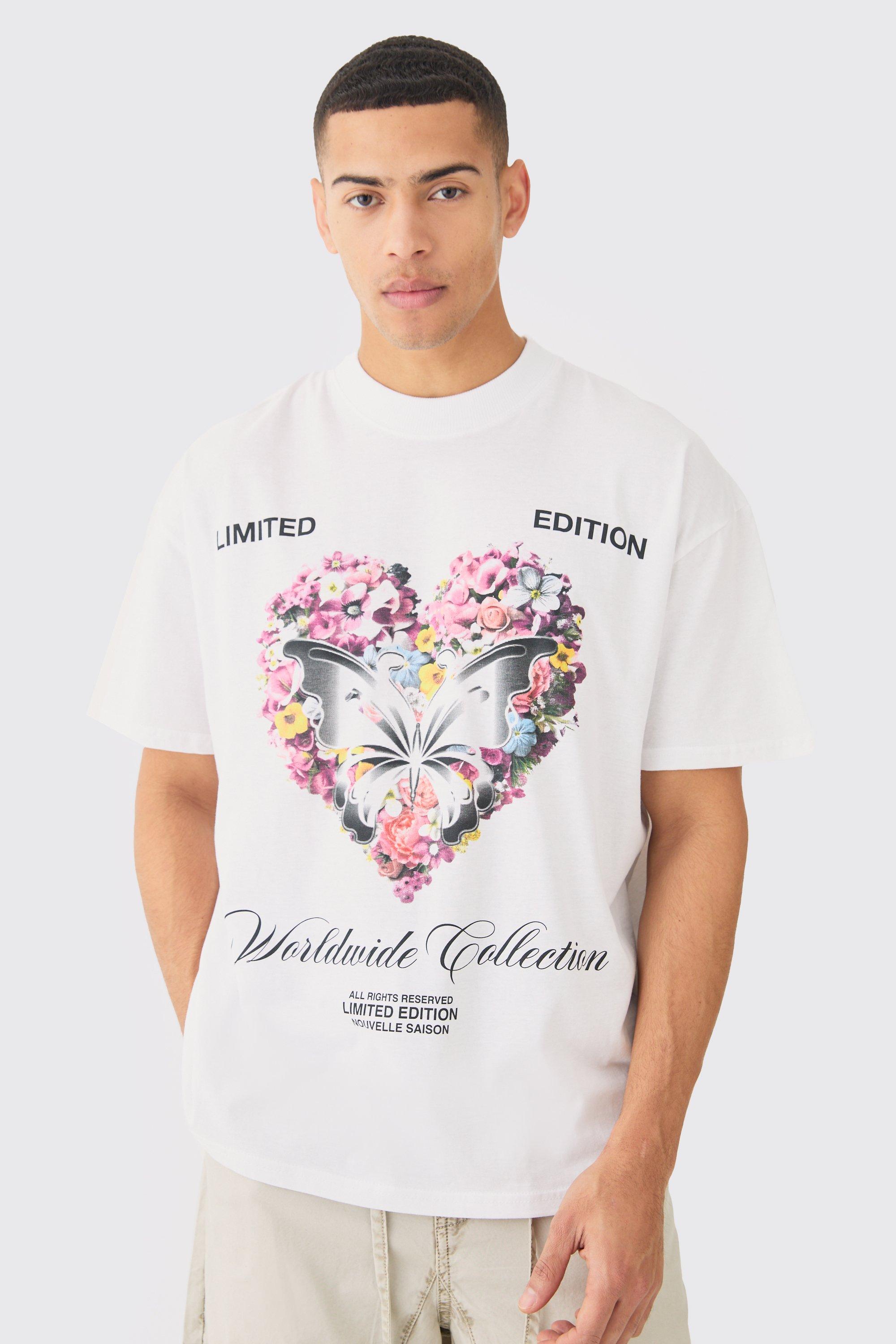Image of T-shirt oversize a fiori con cuore, Bianco