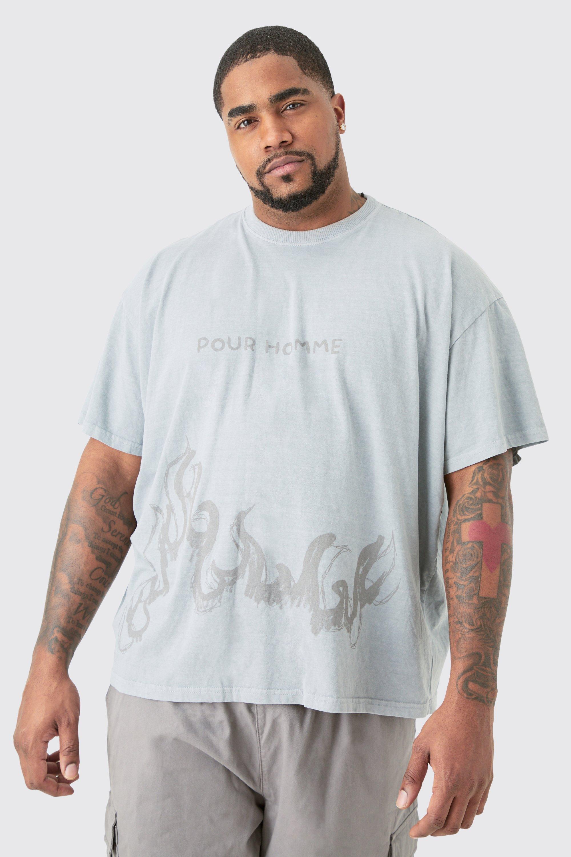 Image of T-shirt Plus Size oversize grigia con stampa Pour Homme, Grigio