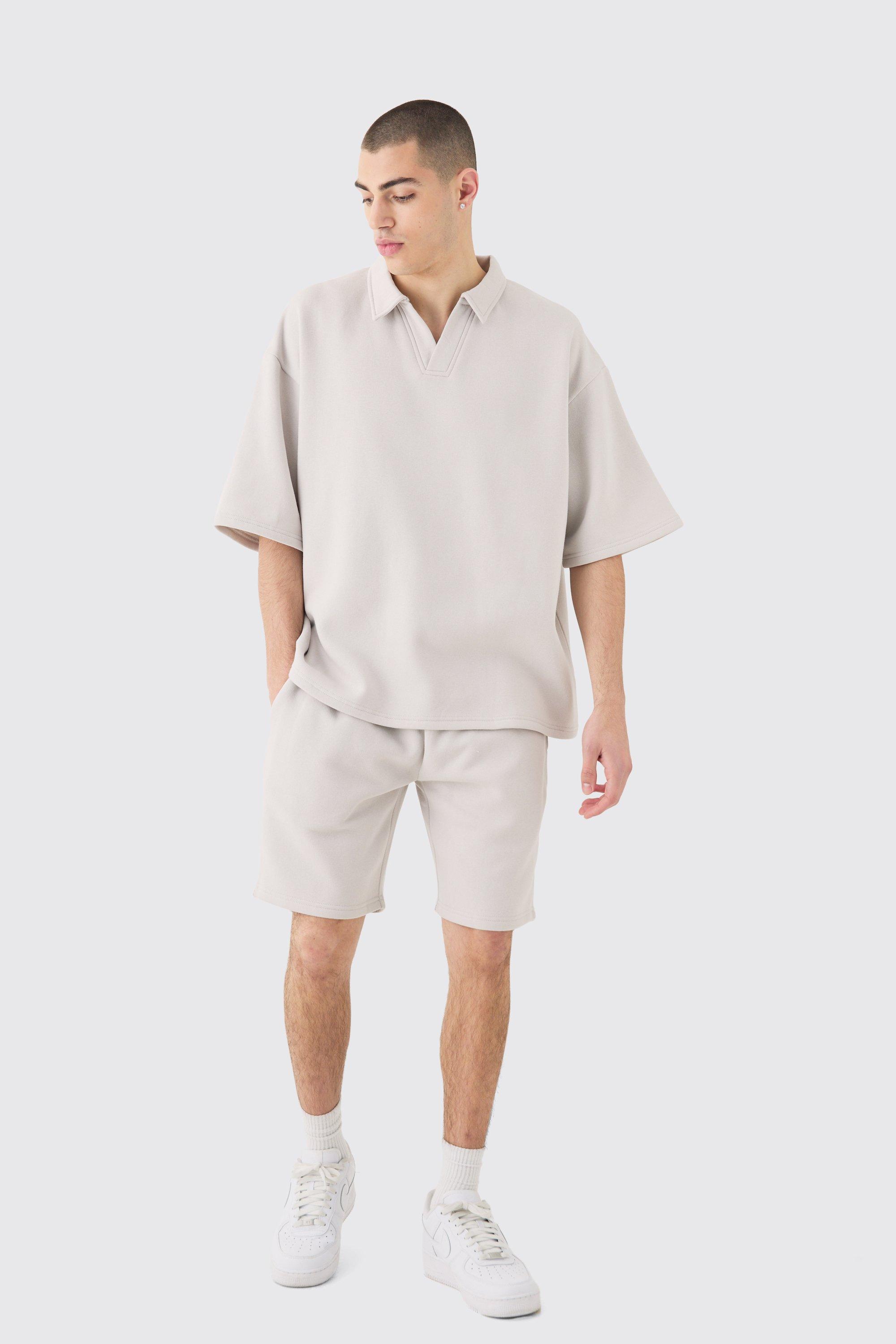 Image of Oversized Rugby Revere Half Sleeve Sweat And Shorts Set, Grigio