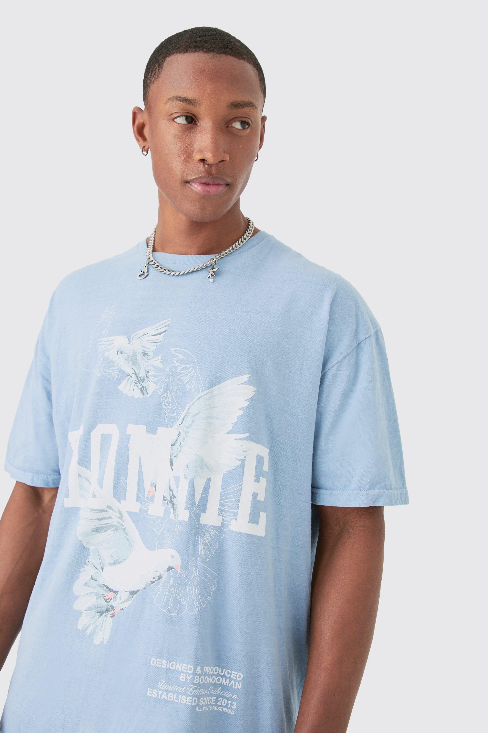Mens Blue Oversized Washed Dove Print T-shirt, Blue