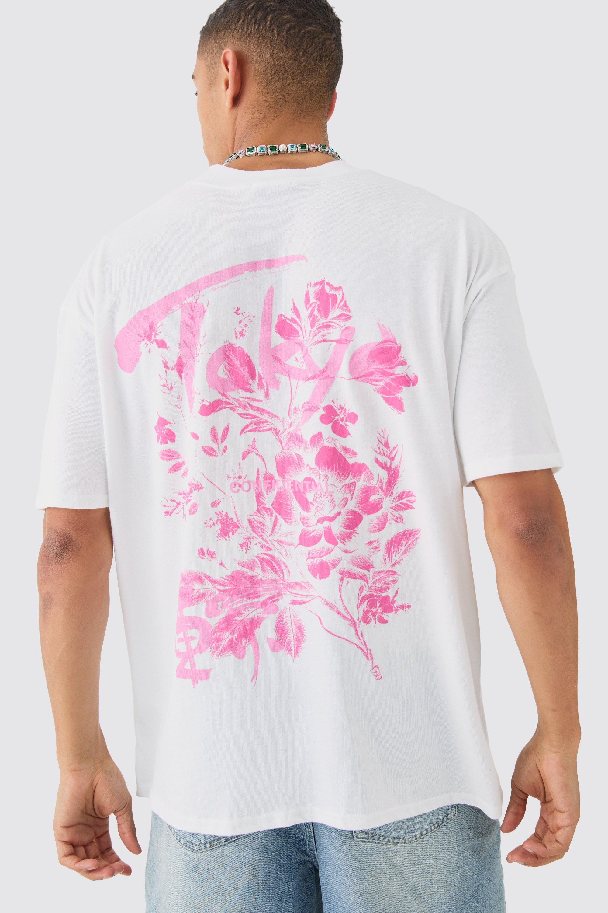 Mens White Oversized Tokyo Extended Neck Floral Back Print T-shirt, White